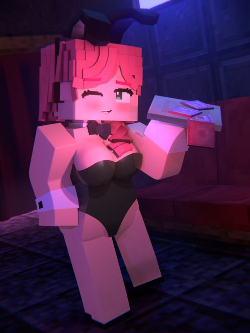 3d 3d_(artwork) alex_(minecraft) beveledblock bunnysuit condom_wrapper detached_collar detached_cuffs detailed_background female green_eyes mine-imator minecraft orange_hair square_head tray wink