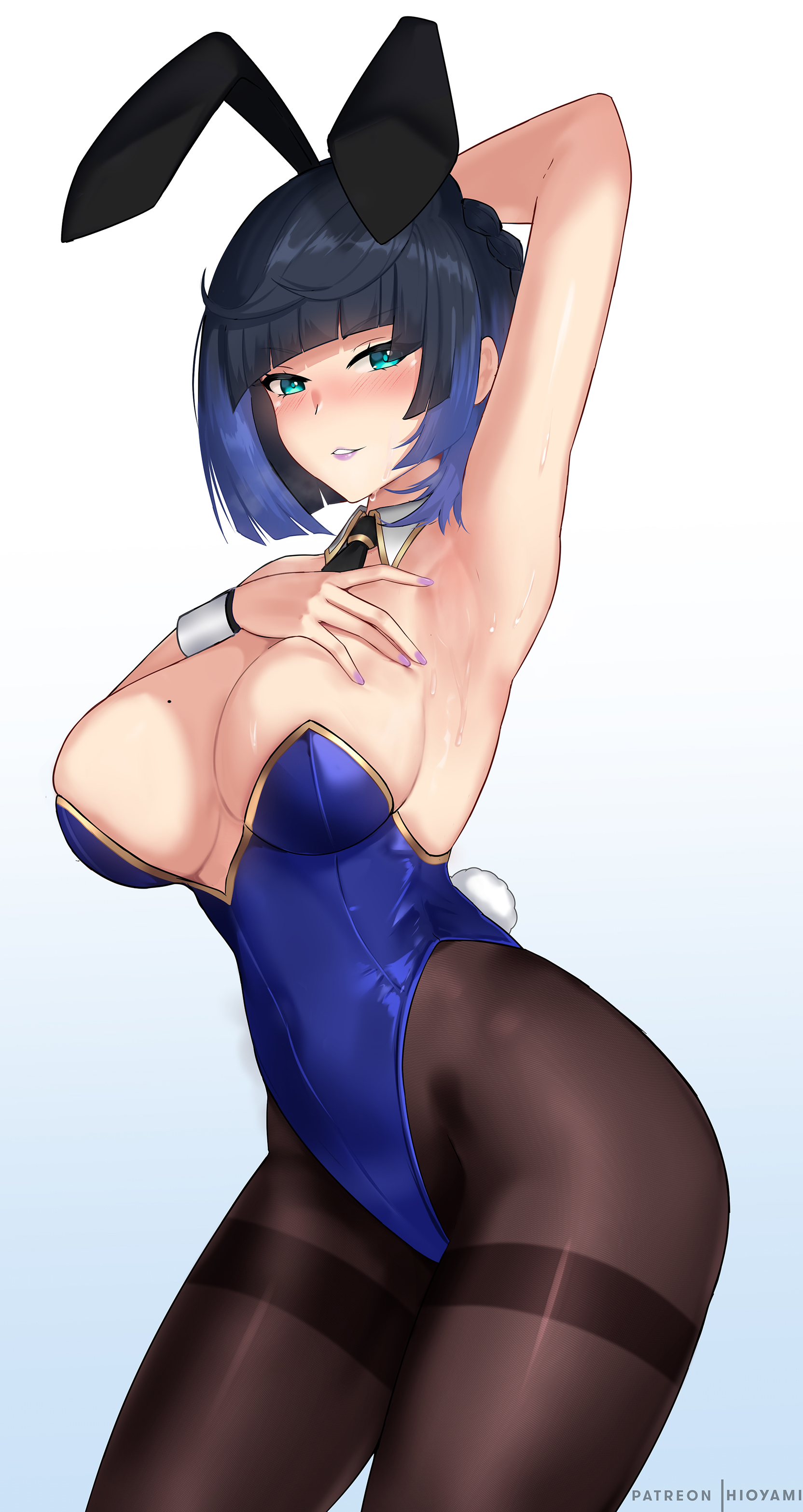 1girls, absurd res, armpits, arms up, bangs, big breasts, black legwear, blue hair, blush, braid, braided hair, breasts, bunny ears, bunny girl, bunny tail, bunnysuit, cleavage, collar, cuffs, female, genshin impact, green eyes, hi res, highres, hioyami, hips, huge breasts, large breasts, leggings, looking at viewer, mole, mole on breast, pantyhose, plain background, short hair, simple background, slim waist, small waist, solo, standing, sweat, thick, thick thighs, thighs, tight clothing, tights, waist, white background, wide hips, yelan (genshin impact)