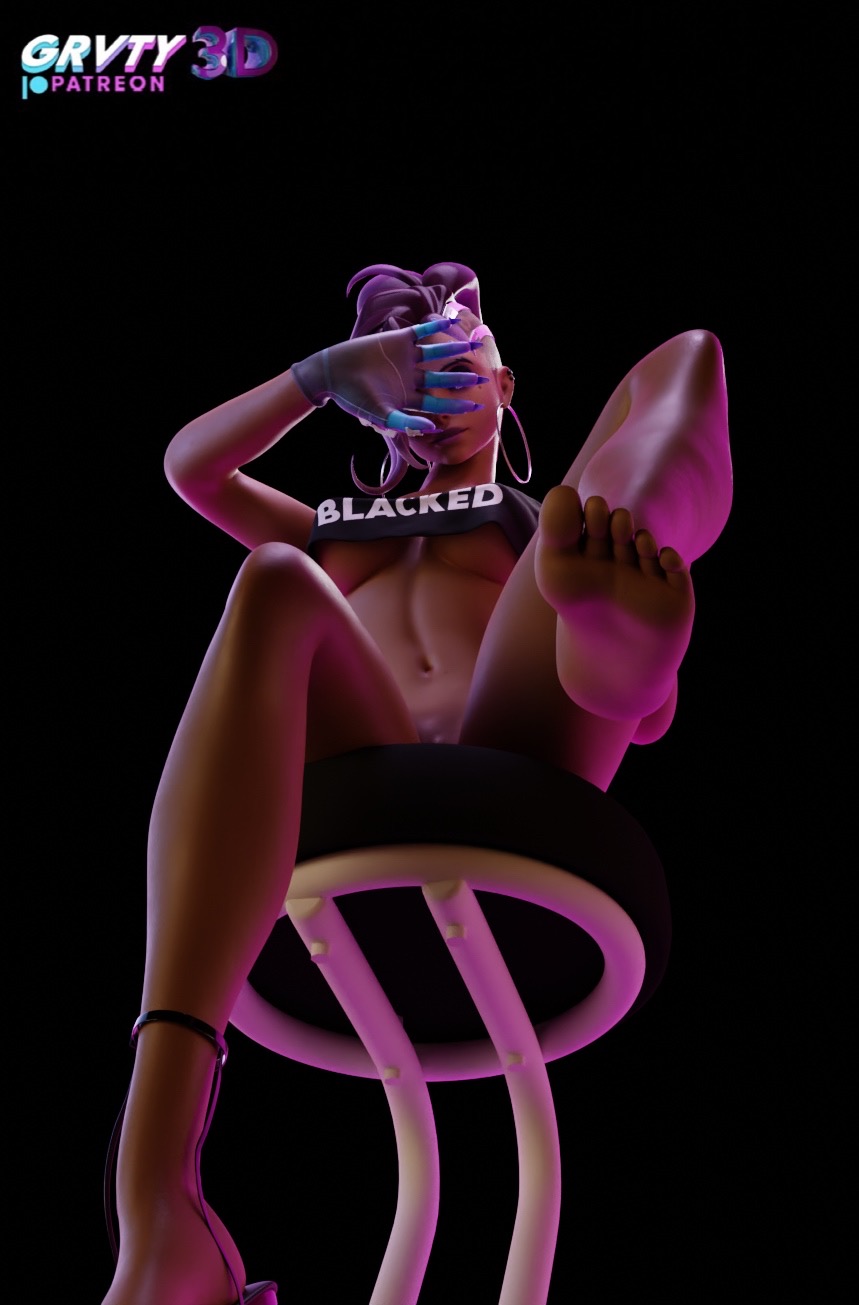 1girls, 3d, big breasts, bimbo, blacked, blacked clothing, blender (software), blizzard entertainment, bottomless, breasts, dark skin, dark-skinned female, earring, earrings, eyes covered, feet, female, female only, foot fetish, foot focus, gloves, grvty3d, hoop earrings, hoop earrings oversized, latina, legs, long legs, overwatch, purple hair, simple background, sitting, smirk, soles, solo, solo focus, sombra, t-shirt, underboob, watermark