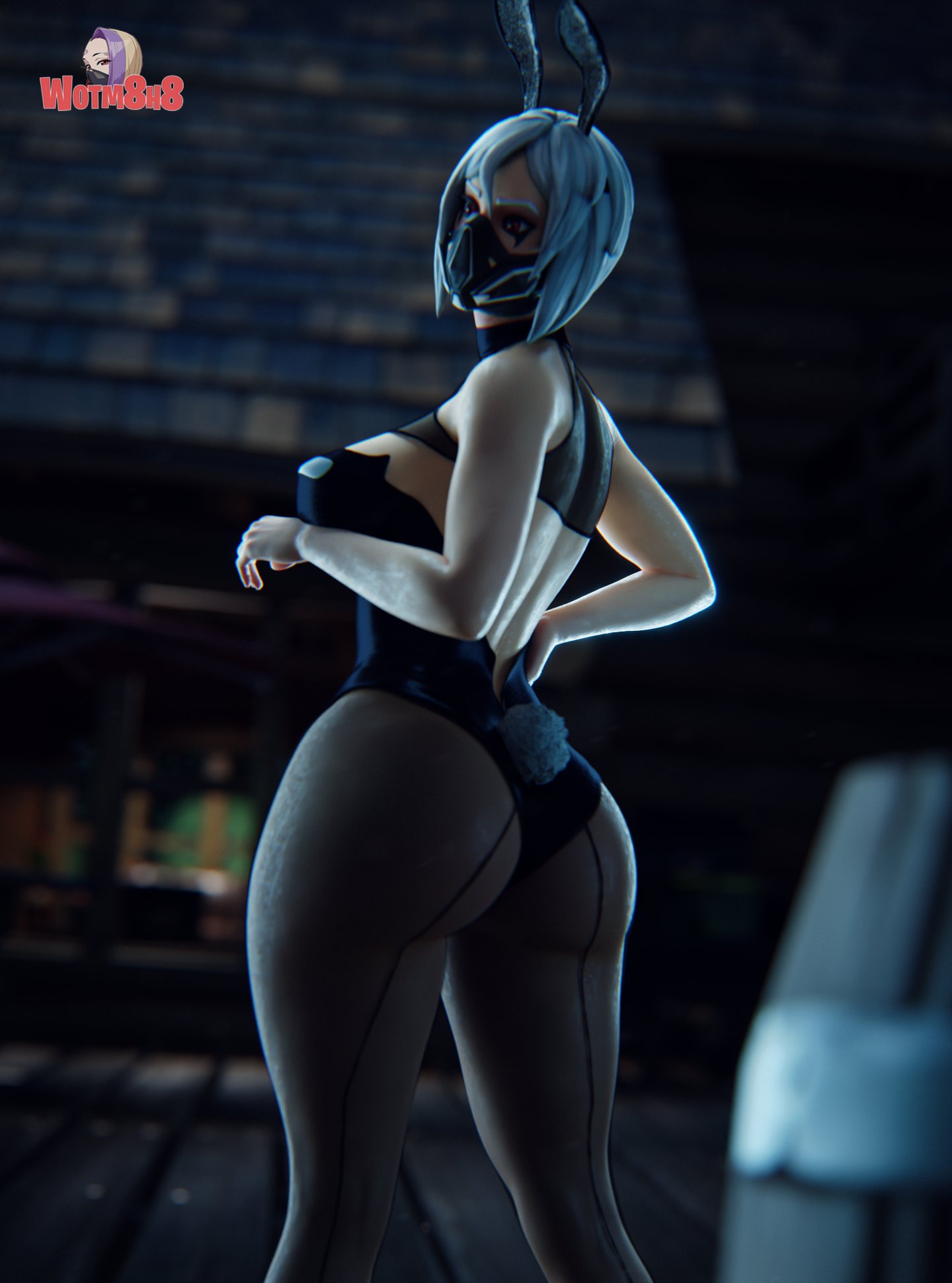 1girls, ass, back view, big ass, big breasts, breasts, bunnysuit, female, fortnite, hush (fortnite), white hair, wotm8h8