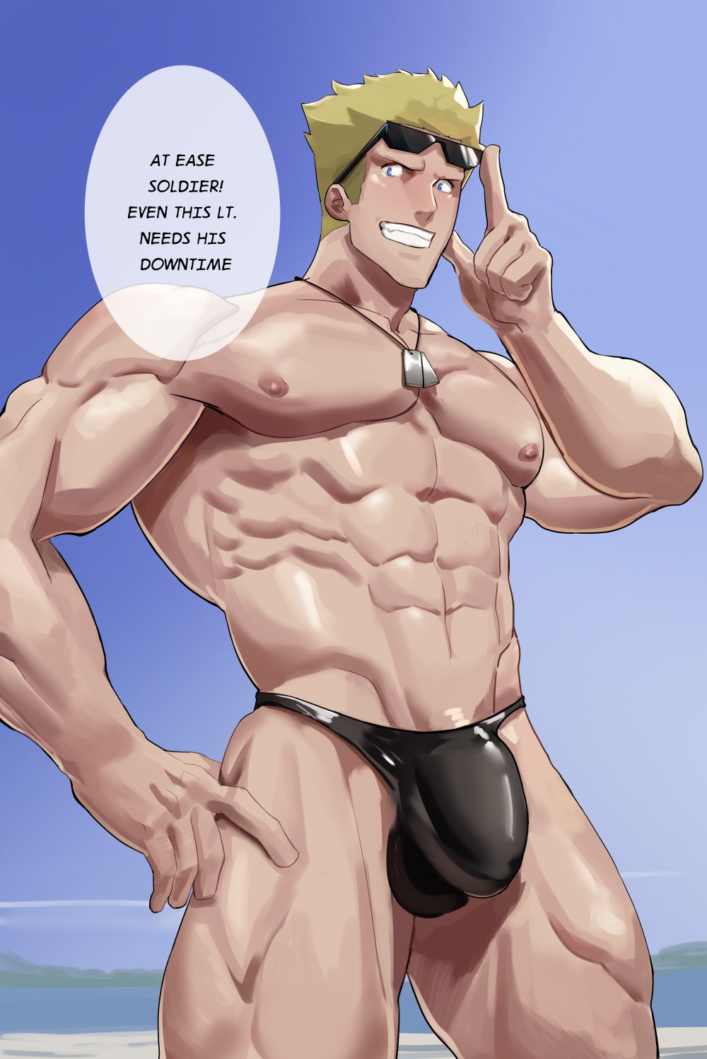 balls, bara, bulge, eyewear on head, gay, kaito draws, lt surge, male, male only, muscles, muscular, nintendo, npc trainer, penis, pokemon, solo, solo male, thong, thong bikini, thong only, yaoi