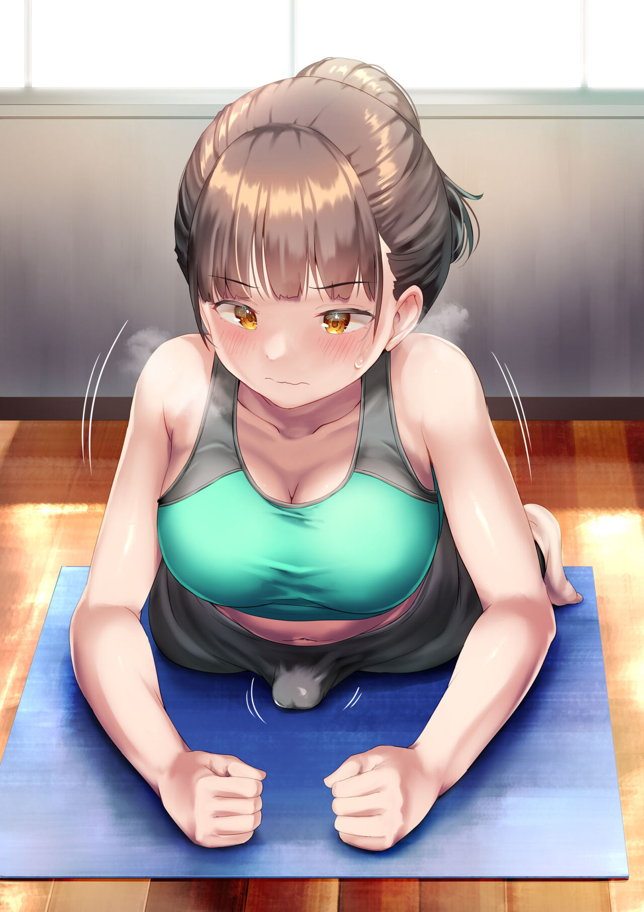 1futa, ayanakitori, bangs, big breasts, big penis, blush, breasts, brown hair, clothed, clothing, dry humping, erection, erection under clothes, fully clothed, futa only, futanari, heavy breathing, human, intersex, light skin, light-skinned futa, masturbation, masturbation through clothing, on stomach, penis, penis under clothes, prone, rubbing, rubbing penis, short hair, solo, sport, sports bra, sweat, yellow eyes