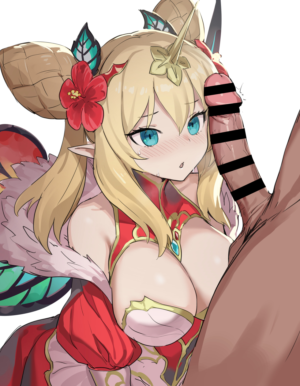 1boy, 1girls, blonde hair, blue eyes, breasts, censored, clothed, dark skin, dark-skinned male, elf ears, erect penis, eyebrows visible through hair, fairy, fairy wings, female, flower, flower in hair, hamachi oekaki, highres, horn, interracial, large breasts, light skin, light-skinned female, looking at penis, male, penis, penis awe, pointy ears, puzzle & dragons, rosalyn (p&d)