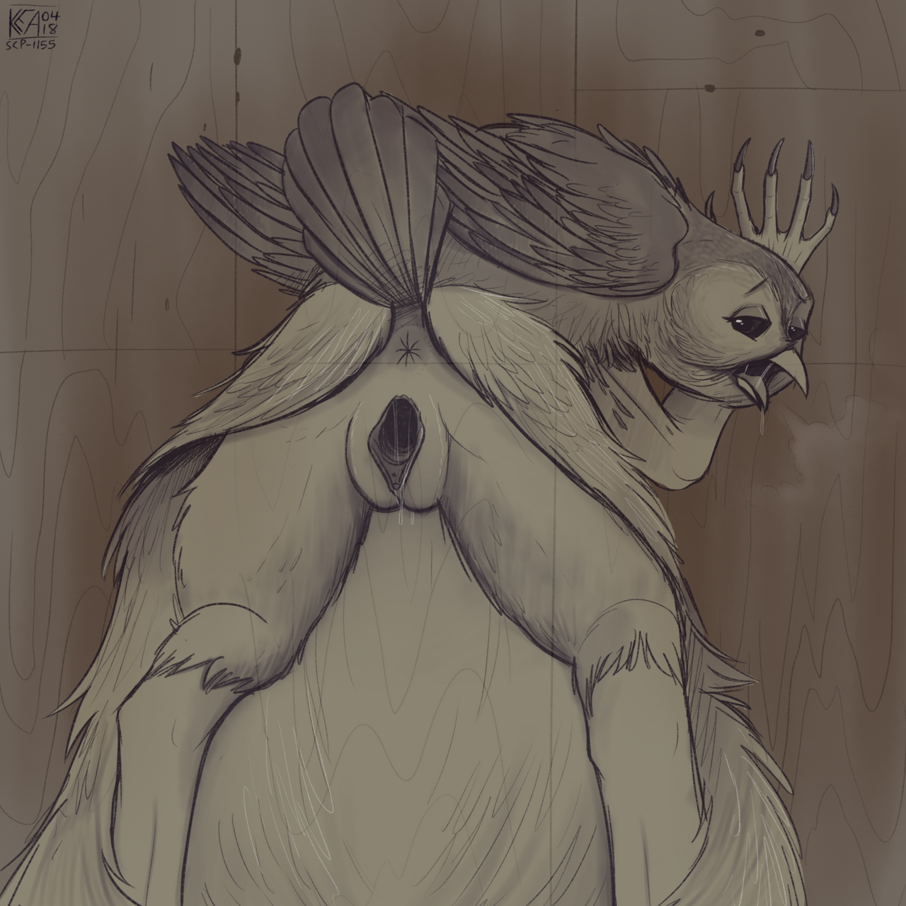 anthro, avian, beak, bird, feathered wings, feathers, female, graffiti, keadonger, looking at viewer, monster, nude, open mouth, owl, pussy, scp foundation, scp-1155, solo, wings