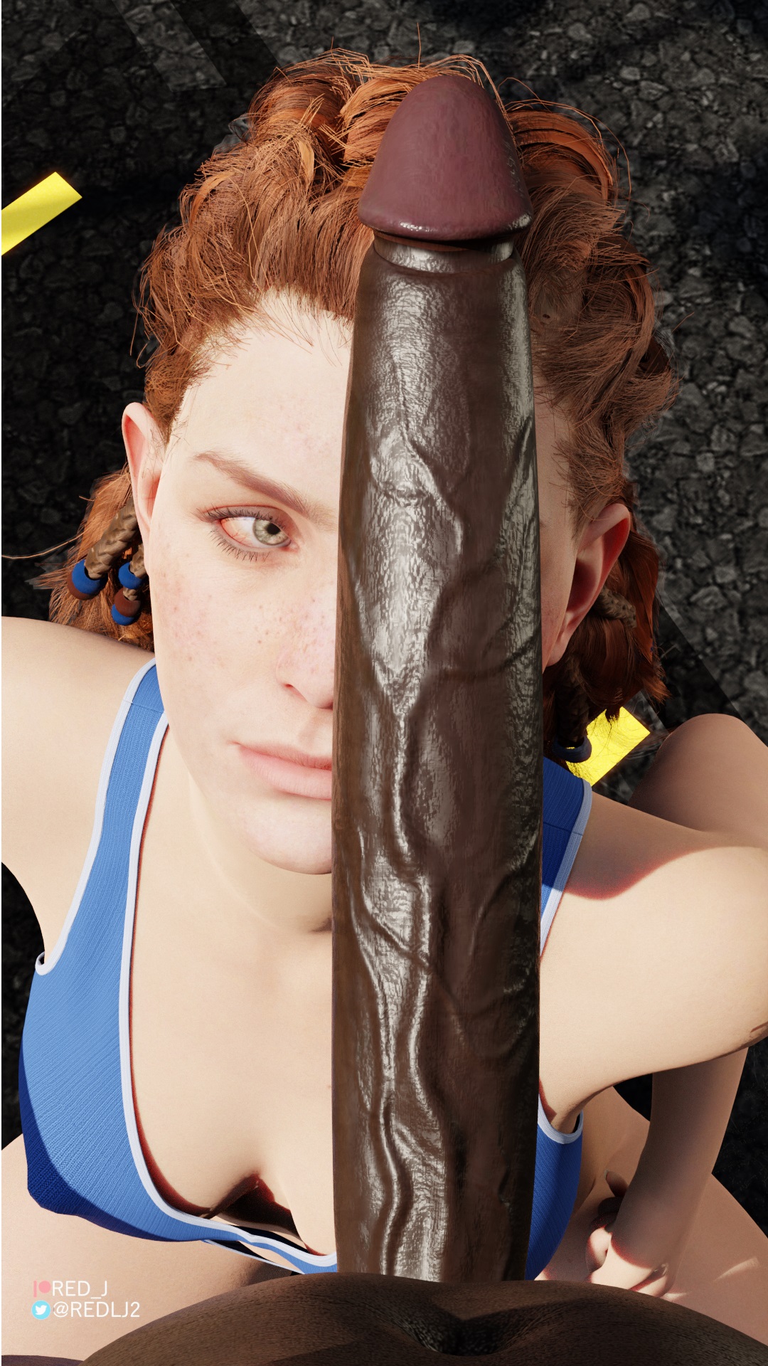 1boy, 1girls, 3d, aloy, blender, blender (software), breasts, cleavage, dark skin, dark-skinned male, downblouse, female, hetero, high resolution, horizon zero dawn, huge cock, hyper penis, interracial, large penis, long hair, male, penis, penis awe, penis on face, penis over one eye, red hair, red lj, sportswear, uncensored, unseen male face