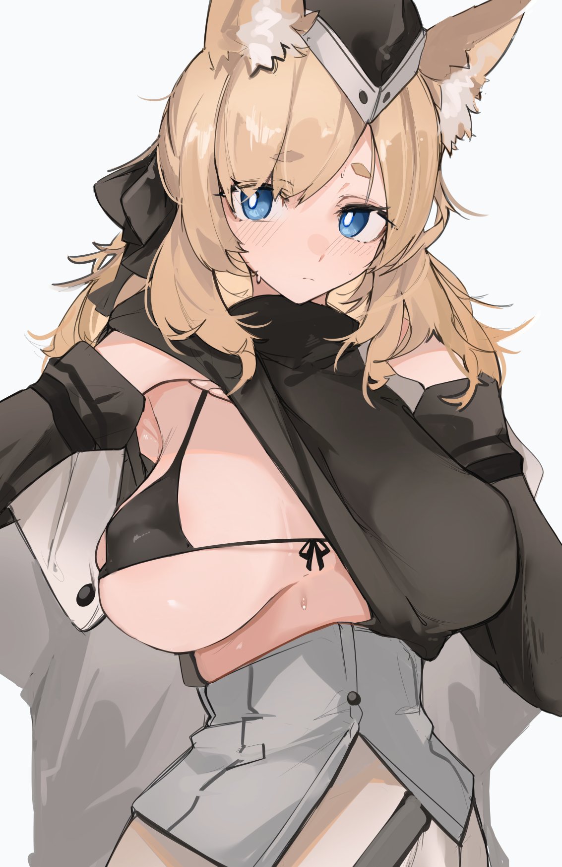 animal_ears arknights black_bow black_headwear blonde_hair blue_eyes bow breasts cape clothes_lift eyebrows_visible_through_hair female female front-tie_bra hairbow hat highres horse_ears large_breasts lifted_by_self long_hair micro_bra mikozin one_breast_out simple_background solo sweat sweater sweater_lift thick_eyebrows whislash_(arknights) white_background white_cape