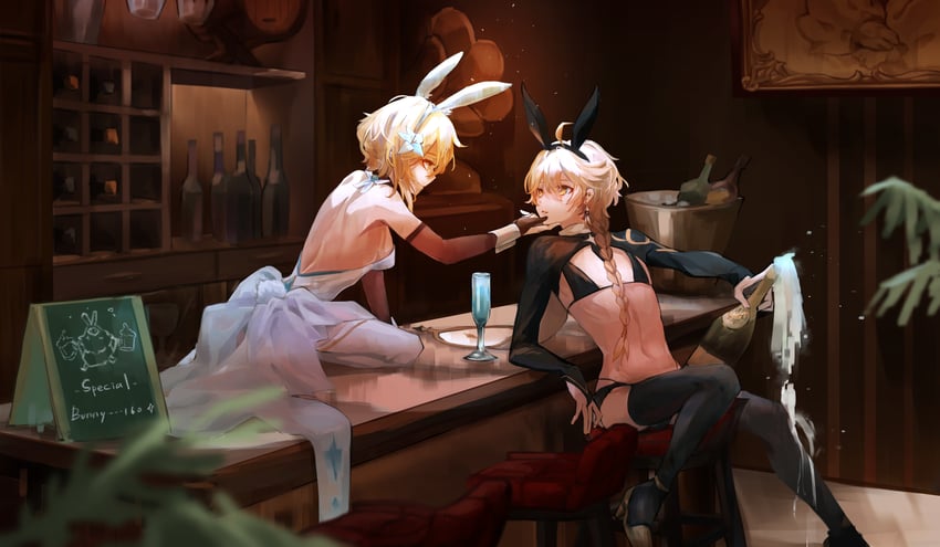 1boy, 1girls, aether (genshin impact), artist request, blonde hair, bra, brother and sister, bunny ears, bunnysuit, crossdressing, ear piercing, female, femboy, genshin impact, gown, hetero, hoyoverse, imminent incest, imminent kiss, incest, long hair, lumine (genshin impact), male, male/female, mihoyo, short hair, siblings, skimpy costume, straight, thick thighs, twincest, twins, uncensored