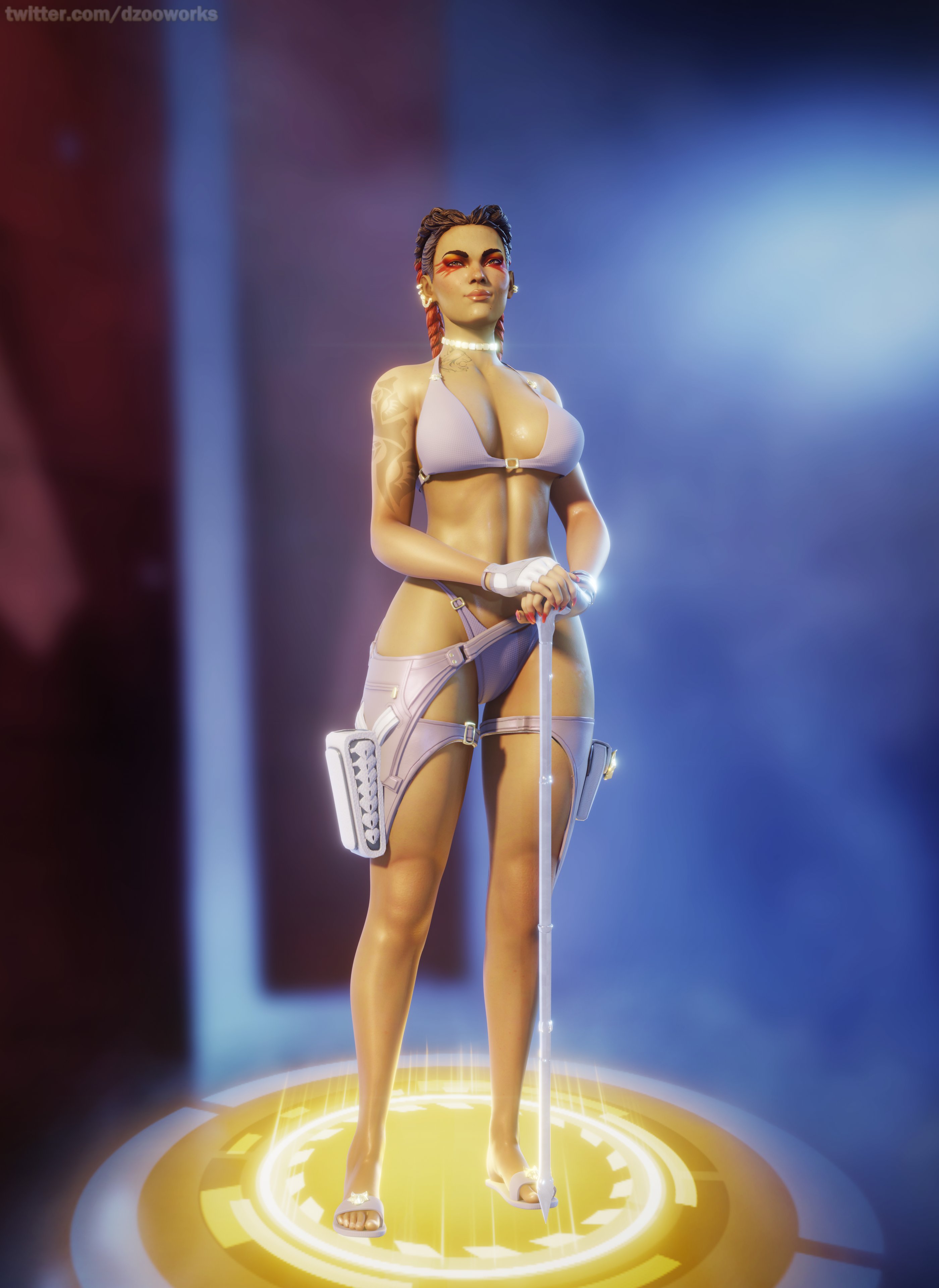 1girls, 3d, apex legends, big breasts, bikini, breasts, choker, dzooworks, earrings, female, fingerless gloves, footwear, gloves, holster, human, loba (apex legends), long fingernails, sandals, shiny skin, solo, swimwear, tagme, tattoo, thick thighs, twintails, weapon