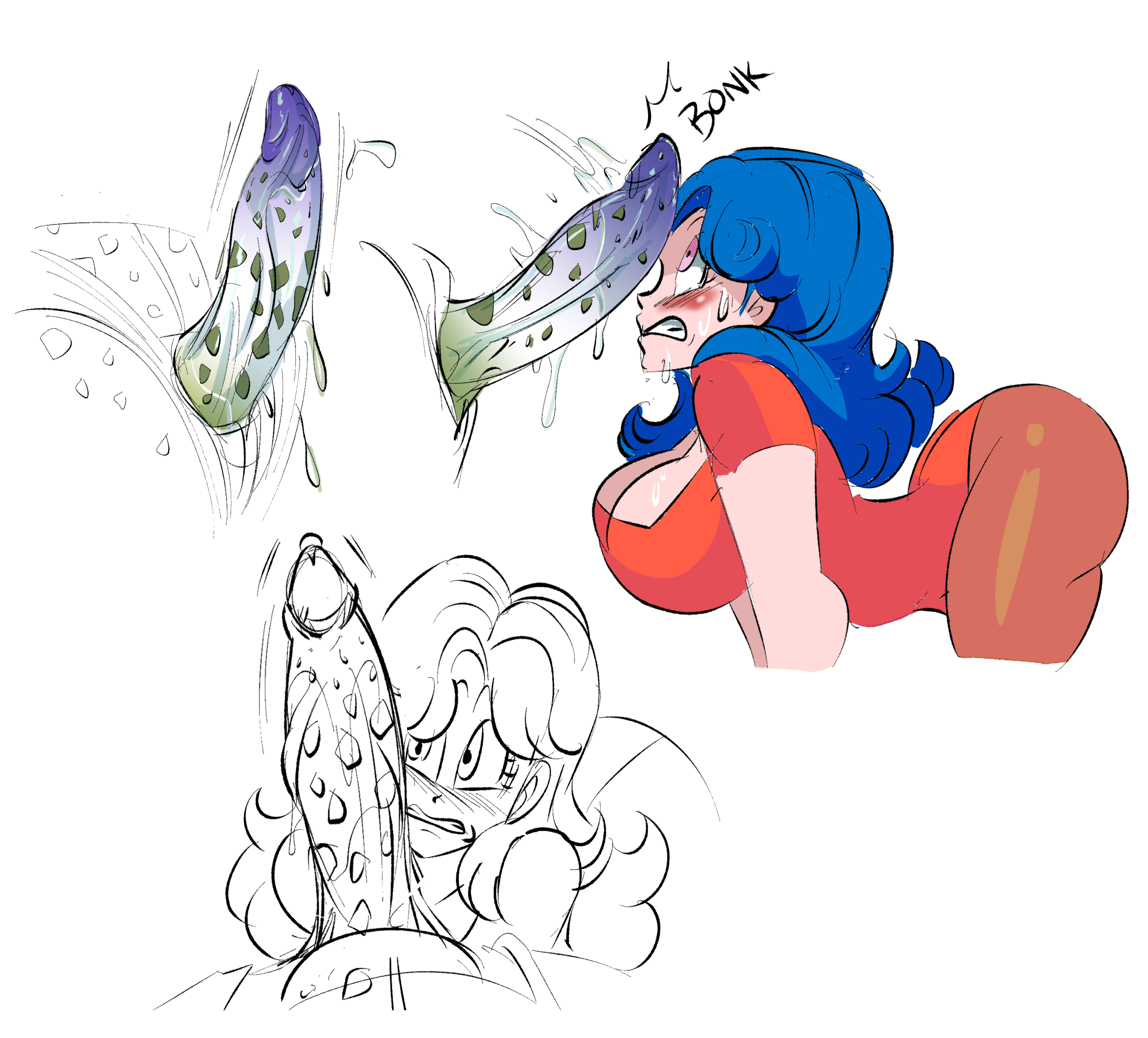 aerobics woman (dragon ball z), bio-android (dragon ball), blue hair, breasts, cell (dragon ball), cleavage, dragon ball, dragon ball z, female, funsexydragonball, large breasts, large penis, leggings, looking at penis, male, massive penis, monster cock, on knees, penis, penis on face, penis out, pink eyes, pov, precum, shocked, sketch, skin tight, sweat, sweatdrop, yoga pants