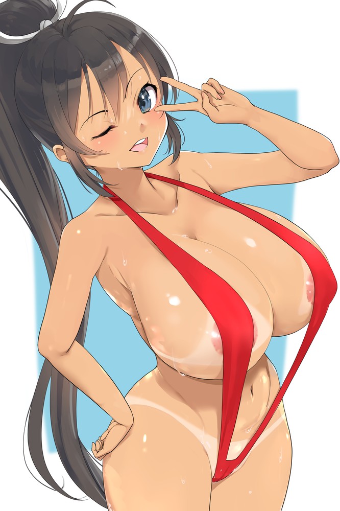 areola_slip ass blinking brown_hair cleavage female homura_(senran_kagura) huge_breasts kntrs_(knyrs) kunoichi long_hair looking_at_viewer senran_kagura senran_kagura_(series) sling_bikini smiling tanlines