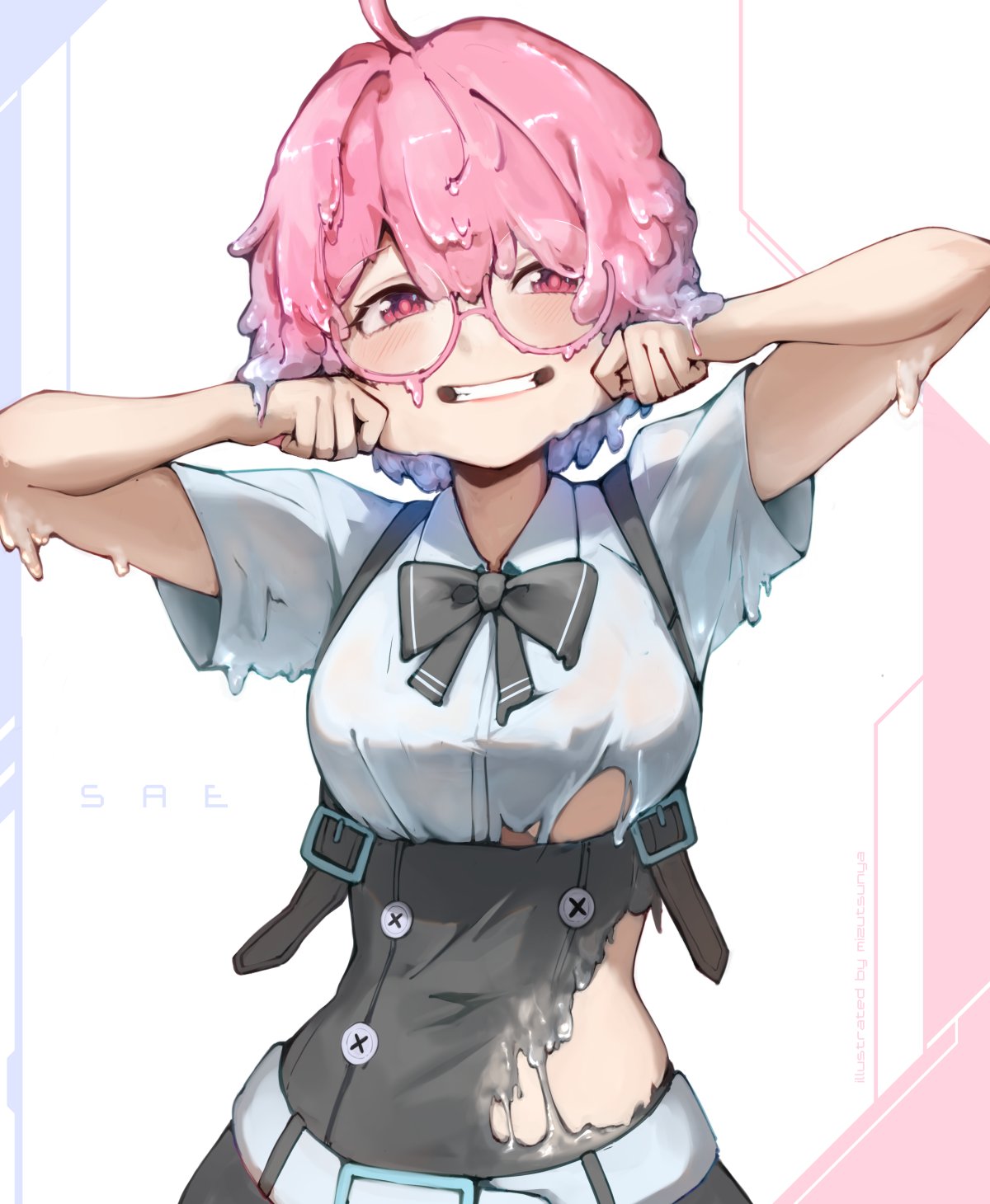 1girls artist_name blush bow buttons cheek_pull dripping female_focus glasses highres matching_hair/eyes medium_breasts melting_clothes midriff mizutsunya pink_eyes pink_hair sae_(vtuber) slime_girl slime_hair slq smile solo_female source_request straps teeth_showing underboob virtual_youtuber