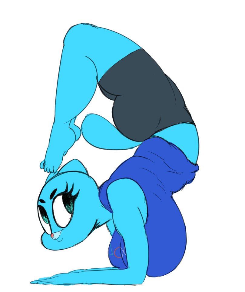 alternate_breast_size anthro ass big_breasts big_butt blue_body bottomwear breasts cartoon_network clothing domestic_cat felid feline felis female flexible handstand huge_breasts looking_back mammal neom-daddy nicole_watterson shirt shorts solo tank_top the_amazing_world_of_gumball topwear