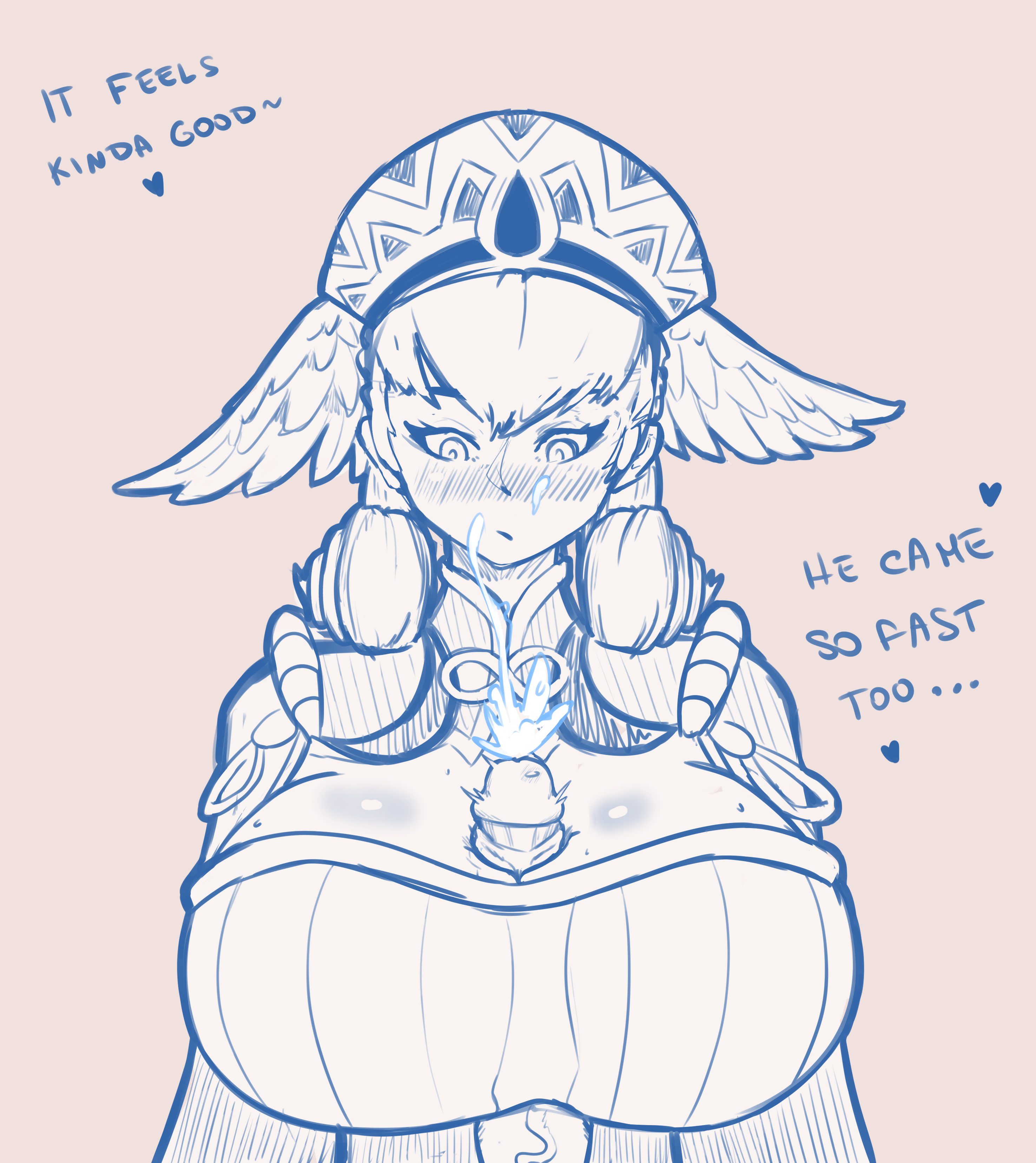 breasts, clothed female, clothed paizuri, female, large breasts, large penis, liuskin, looking at penis, male, melia antiqua, oppai, paizuri, penis, premature ejaculation, silver hair, surprised, teal eyes, titjob, wings, xenoblade (series), xenoblade chronicles