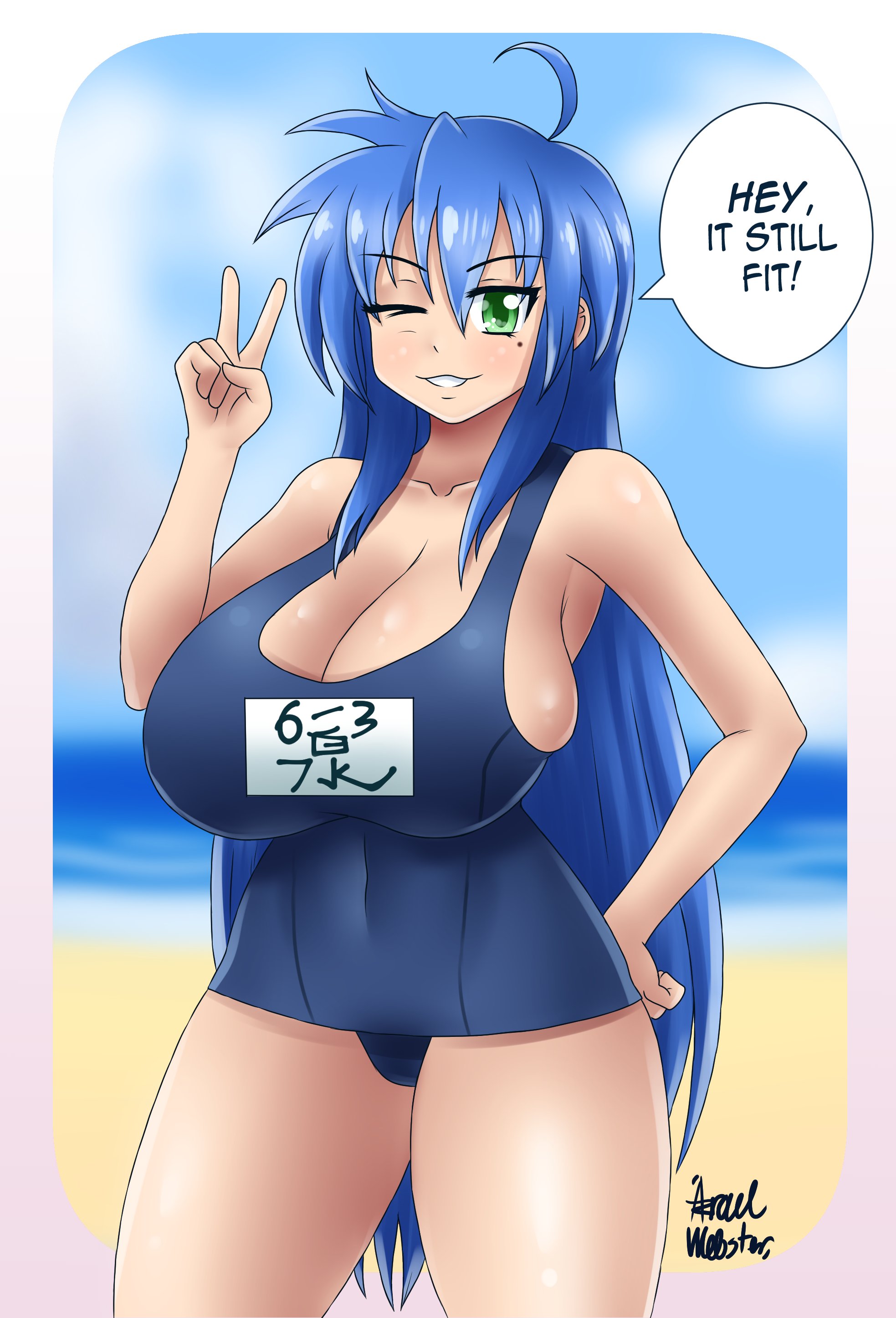 1girls, ahoge, artist signature, azraelwebster, beach, beauty mark, blue hair, blush, breasts, cleavage, collarbone, eyebrows visible through hair, female, female only, green eyes, konata izumi, large breasts, long hair, lucky star, mole, ocean, one-piece swimsuit, outdoors, sea, seaside, sky, smile, solo, solo female, speech bubble, swimsuit, tagme, talking to viewer, text, v, v sign, wink