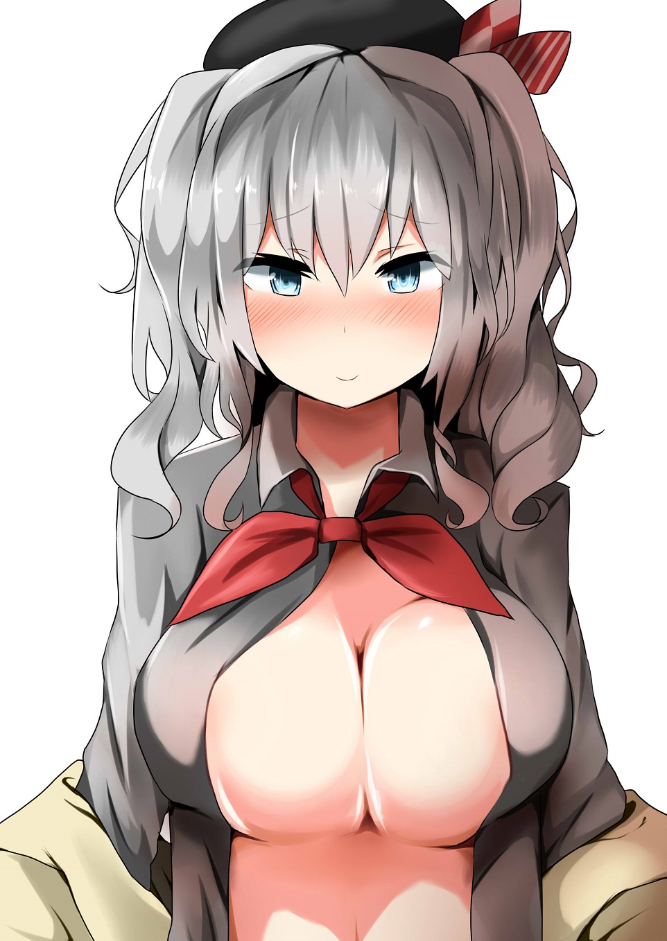 bangs beret blue_eyes blush breasts embarrassed eyebrows_visible_through_hair female hair_between_eyes hat highres himuka_(523) kantai_collection kashima_(kantai_collection) large_breasts long_hair neckerchief no_bra nose_blush off_shoulder red_neckerchief shiny shiny_hair shiny_skin silver_hair simple_background smile solo undressing upper_body wavy_hair white_background