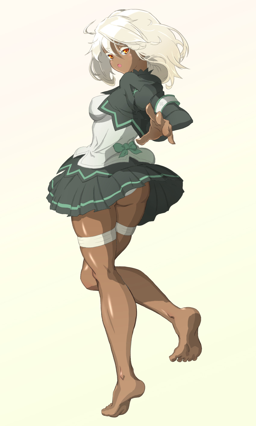 1girls, ass, barefoot, big ass, dark skin, dark-skinned female, female, from behind, guilty gear, looking at viewer, looking back, ramlethal valentine, solo, thick thighs, upskirt