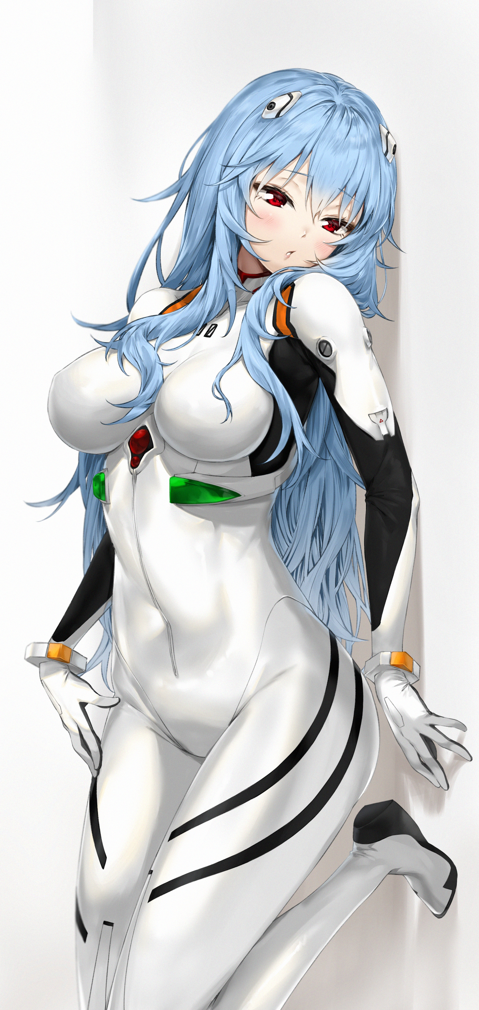 1girls, absurd res, against wall, alternate hairstyle, blue hair, blush, bodysuit, breasts, clothing, female, female only, hi res, hips, human, interface headset, light skin, light-skinned female, long hair, looking at viewer, medium breasts, neon genesis evangelion, pale skin, pale-skinned female, pilot suit, plugsuit, rebuild of evangelion, red eyes, rei ayanami, skin tight, solo, solo female