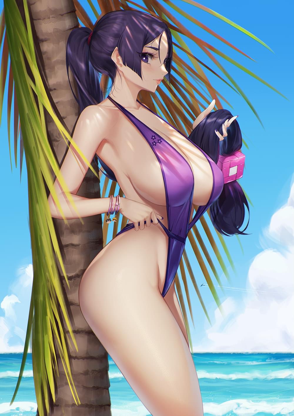 beach big_breasts blueorca boobs bracelets breasts busty fate/grand_order fate_(series) hair_ornament mature_female minamoto_no_raikou_(fate/grand_order) minamoto_no_raikou_(swimsuit_lancer) one-piece_swimsuit palm_tree ponytail purple_eyes purple_hair side_eye sling_bikini