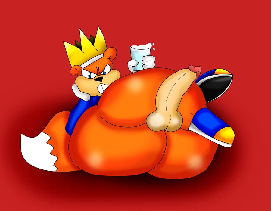 1boy angry conker conker's_bad_fur_day crown holding_glass kdgamer015 male male_only milk penis rodent sciurid sneakers solo squirrel thick_thighs video_games