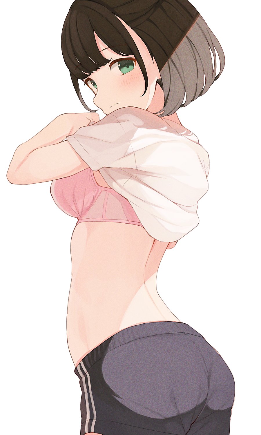 ass back bangs black_hair black_shorts blush bra breasts closed_mouth clothes_lift eyebrows_visible_through_hair female female green_eyes hands_up highres hiroki_(yyqw7151) looking_at_viewer looking_back medium_breasts original pink_bra shirt shirt_lift short_hair short_shorts short_sleeves shorts solo stomach t-shirt underwear undressing white_background white_shirt