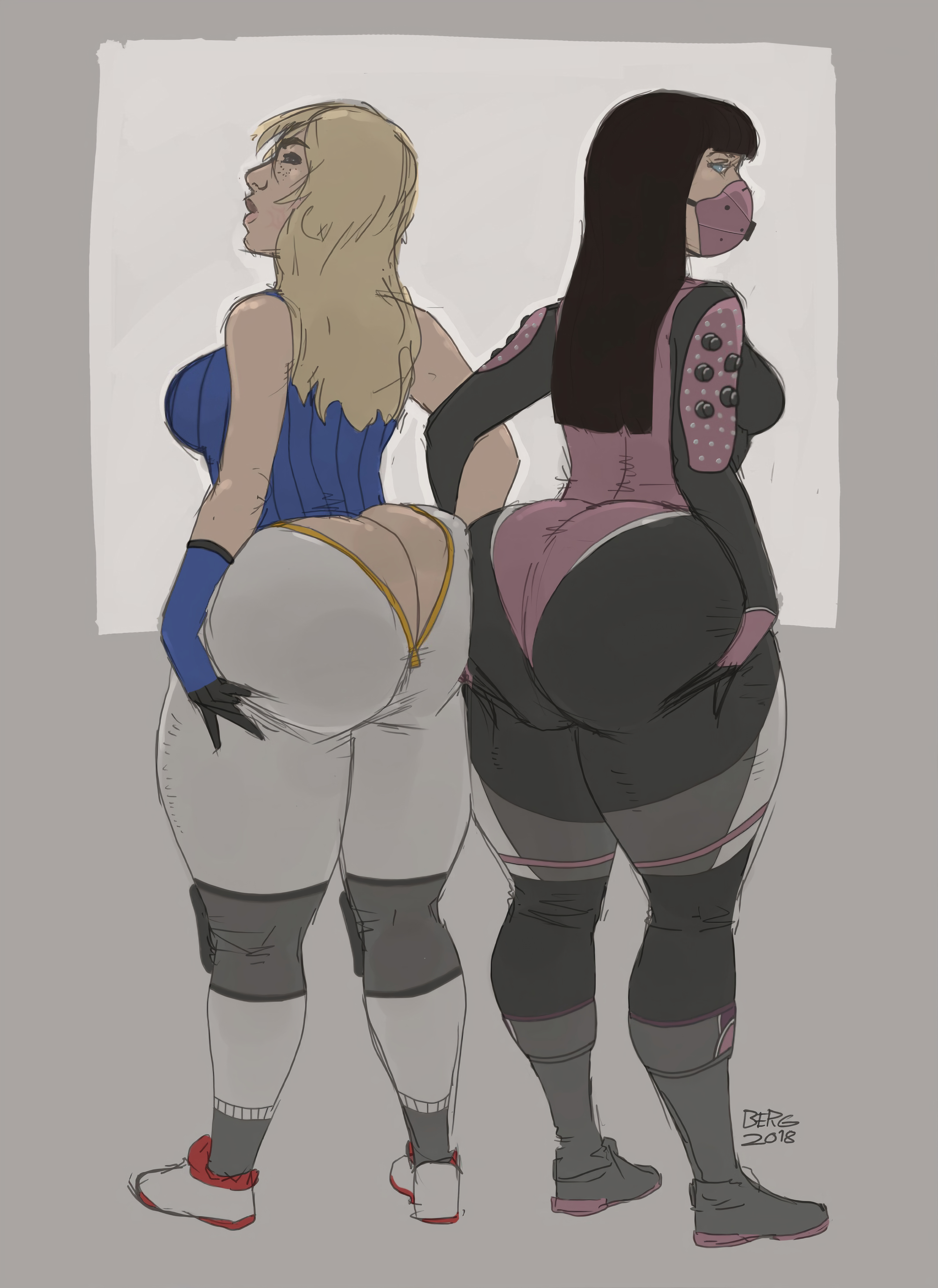 2d, apex legends, ass, ass cleavage, ass crack, ass expansion, ass grab, ass squeeze, back view, berggie, big ass, big butt, big hips, big thighs, bottom heavy, breast squeeze, breasts, bubble ass, bubble butt, bursting butt, butt crack, caked up, cheesecake, female, gigantic ass, gigantic butt, growth, huge ass, huge butt, jumpsuit, looking at another, outgrowing clothes, presenting, stretched clothing, thick, thick ass, thick hips, thick legs, thick thighs, thigh expansion, tight clothes, tight clothing, tight pants, tights, viewed from below, voluptuous female, wattson (apex legends), wide hips, wraith (apex legends)