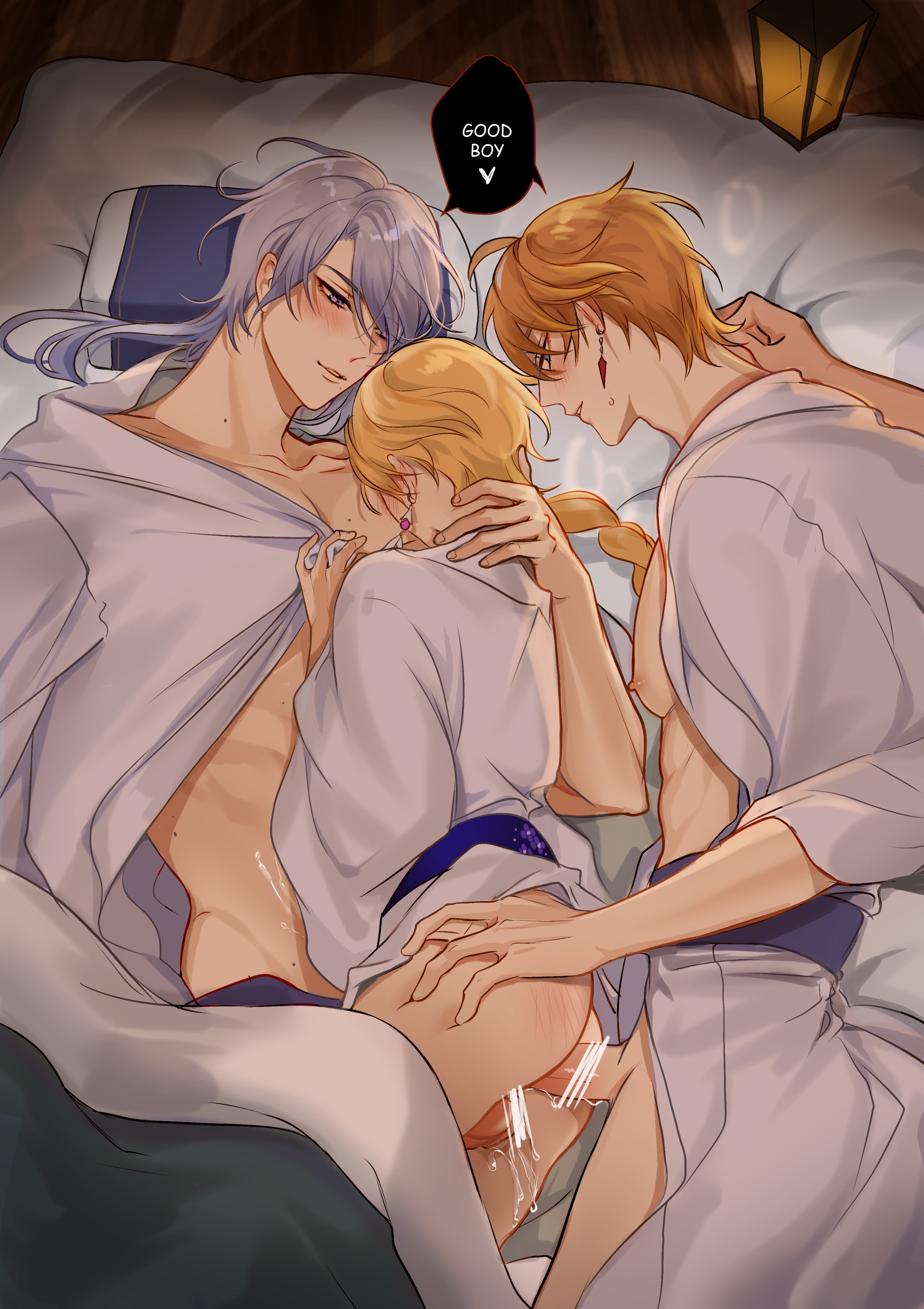 3boys, abs, absurd res, aether (genshin impact), anal, anal penetration, ass, ass grab, bedroom, bedroom sex, big ass, big butt, blonde hair, blue eyes, blue hair, blush, butt grab, censored, childe (genshin impact), cum, cum inside, dominant, dominant male, english text, femboy, gay, gay male, genshin impact, heart, height difference, hi res, hug, hugging, kamisato ayato, looking at partner, male, male focus, male only, male penetrated, male penetrating, male penetrating male, male/male, male/male/male, muscular, muscular male, open clothes, open shirt, orange hair, penetration, pnk crow, praise, romantic, romantic ambiance, romantic sex, size difference, speech bubble, submissive, submissive male, tartaglia (genshin impact), thigh sex, threesome, visible breath, yaoi