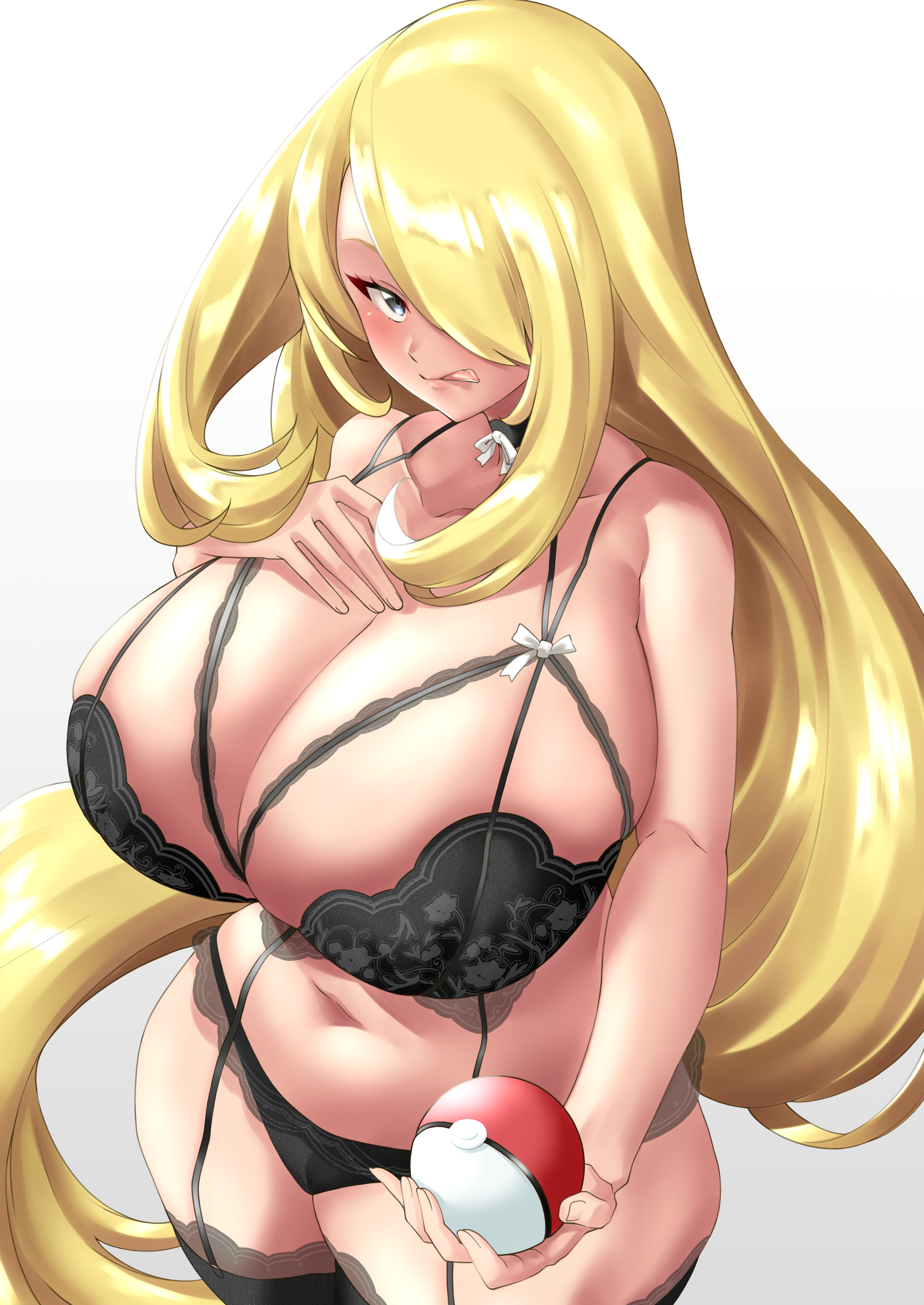 :q, 1girls, 2022, big breasts, blonde hair, bra, breasts, cynthia (pokemon), female, female focus, female only, garter straps, hand on breast, hand on breasts, hand on chest, hand on own breast, hand on own breasts, hand on own chest, lingerie, looking at viewer, mature, mature female, milf, panties, pokeball, pokemon, simple background, solo, solo female, standing, stockings, tongue, tongue out, ura tomoya, white background