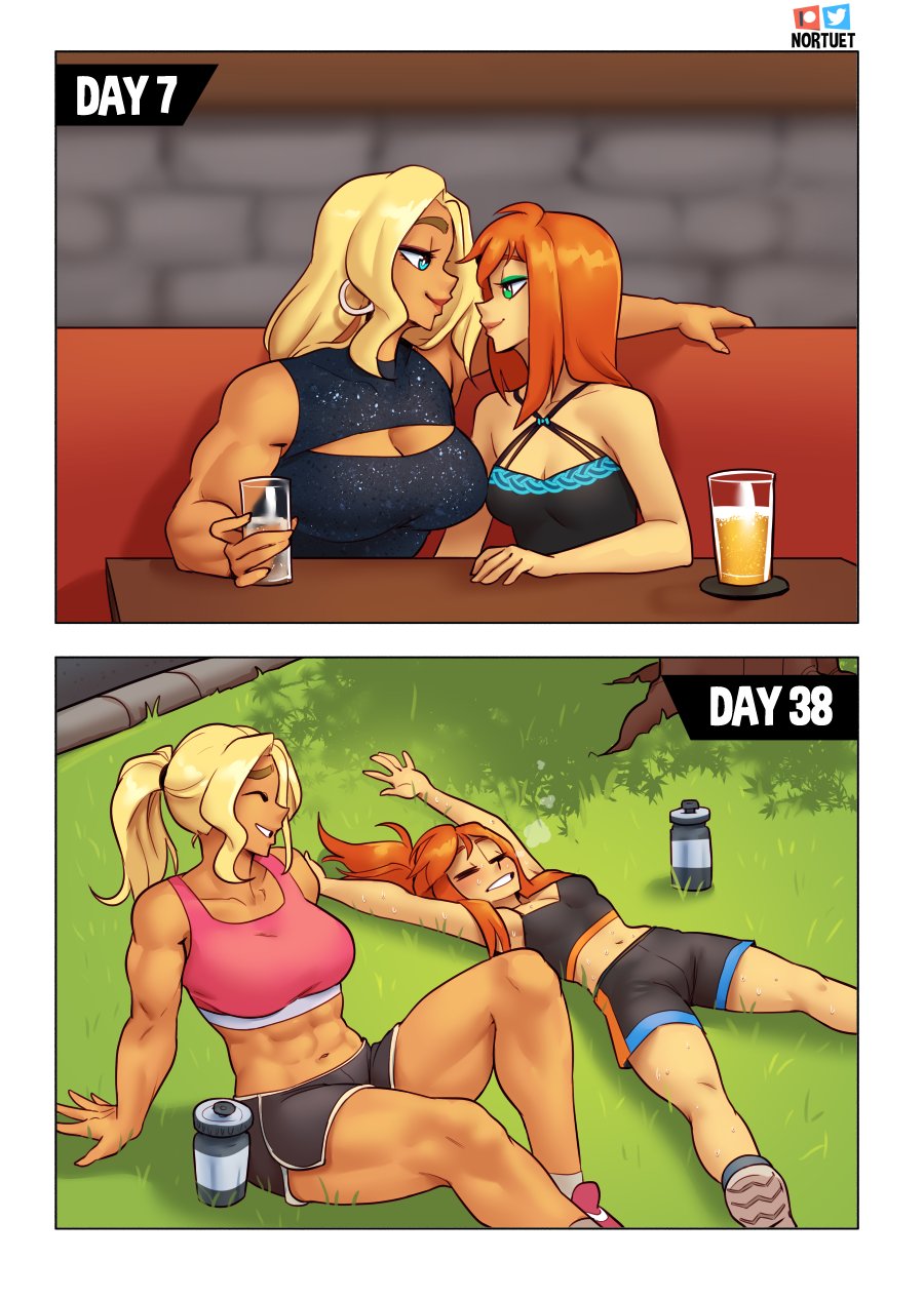 2girls beverly_(nortuet) big_breasts blonde_hair blue_eyes breasts cleavage closed_eyes clothed clothing comic couple english_text female_focus female_only green_eyes hi_res long_hair muscular muscular_female navel nortuet nortuet_universe on_back original red_hair revealing_clothes simple_background small_breasts smile sweat tara_(nortuet) text watermark yuri