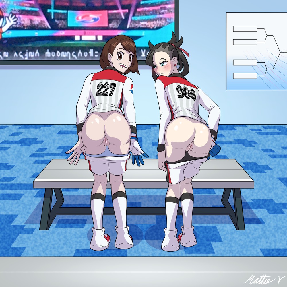 2019 2girls alternate_costume ass ass_focus black_panties blue_panties blush clothing dat_ass embarrassed female female_only flashing gloria_(pokemon) gym_challenge_uniform gym_uniform highres imminent_sex looking_at_viewer looking_back looking_down marnie_(pokemon) mattie_v mooning multiple_girls offering offering_to_viewer panties panties_down panties_in_shorts peach_ass pokemon pokemon_ss presenting_ass presenting_hindquarters presenting_pussy pussy pussy_floss shorts shorts_down smile uniform