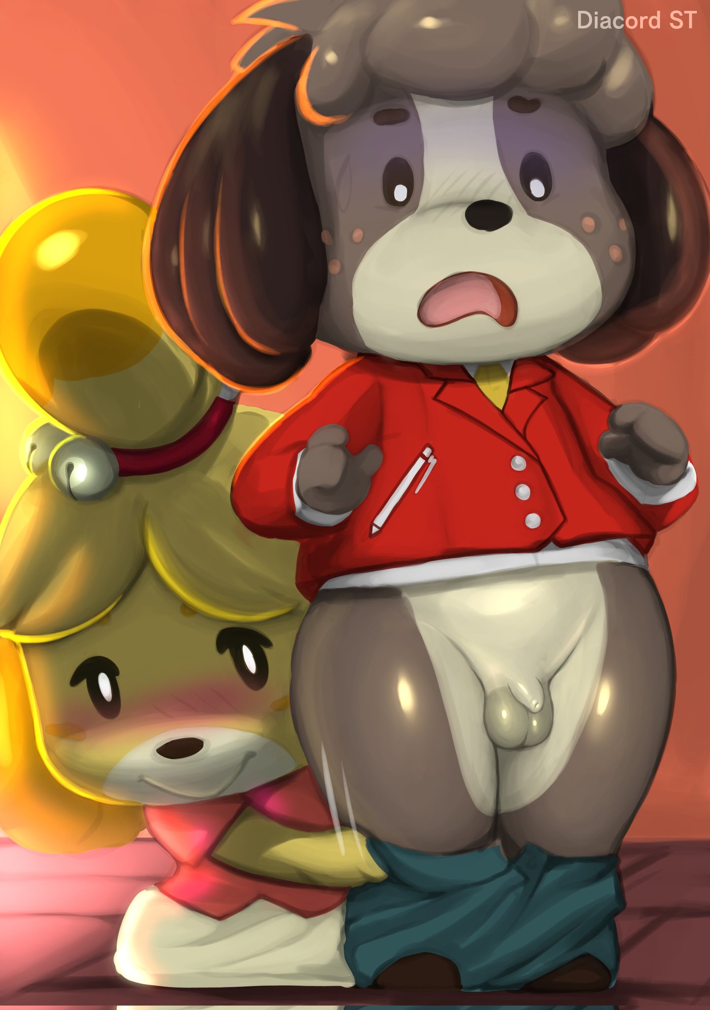 animal_crossing animal_crossing_new_leaf anthro assisted_exposure balls biped blonde_hair blush bottomless brother brother_and_sister brown_body brown_fur brown_hair canid canine canis clothed clothing diacordst digby_(animal_crossing) digital_drawing_(artwork) digital_media_(artwork) domestic_dog duo embarrassed female flaccid foreskin fully_clothed fur genitals hair hi_res isabelle_(animal_crossing) male mammal nintendo open_mouth opposite_sex_twins pantsing penis shih_tzu sibling simple_background sister small_penis topwear toy_dog undressing_another video_games yellow_body yellow_fur