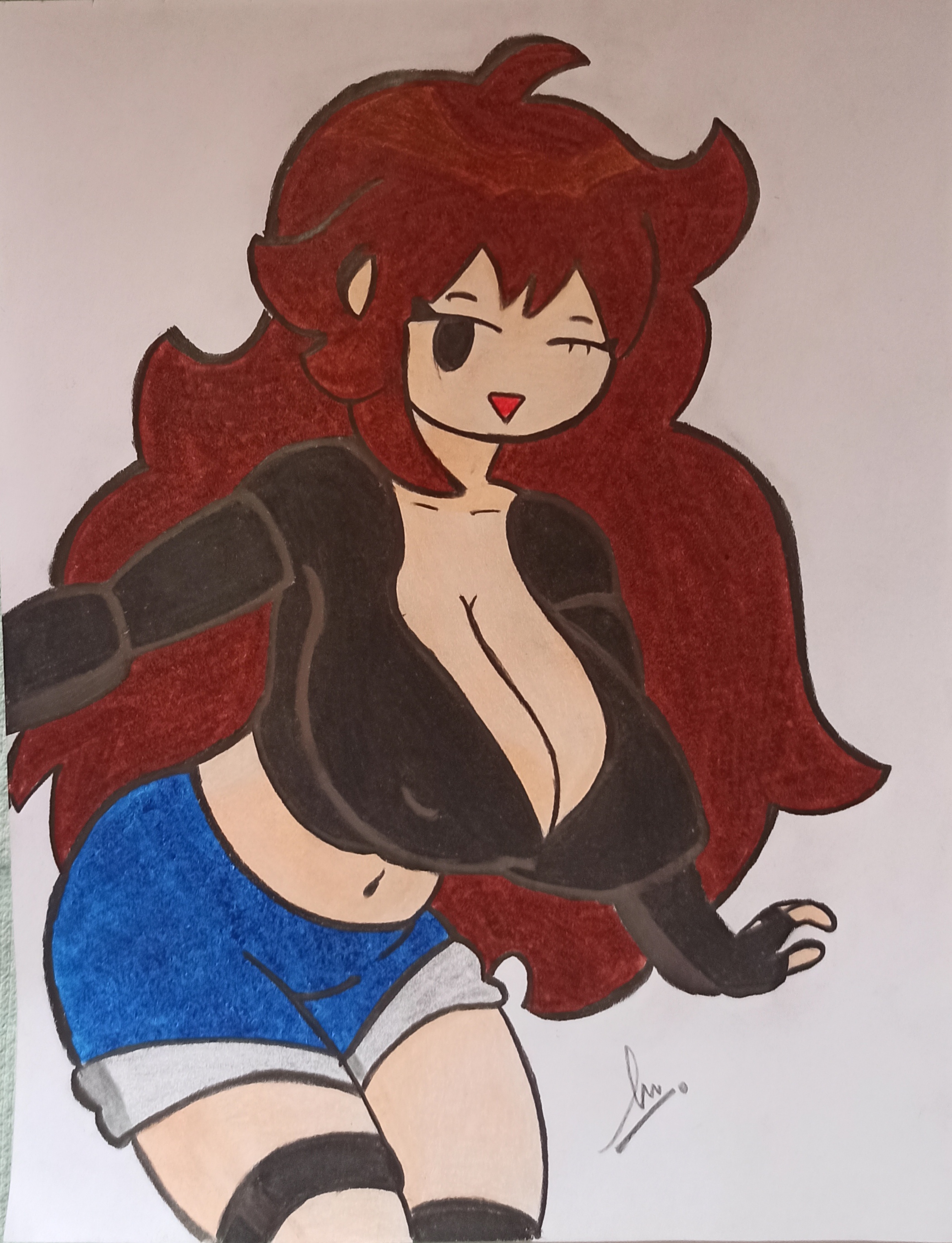 1girls, agent gf (friday night funkin), auburn hair, big breasts, blue shorts, breasts, cute, female, female only, fingerless gloves, friday night funkin, friday night funkin mod, girlfriend (friday night funkin), huge breasts, long hair, one eye closed, ste ya sabes, tagme, winking