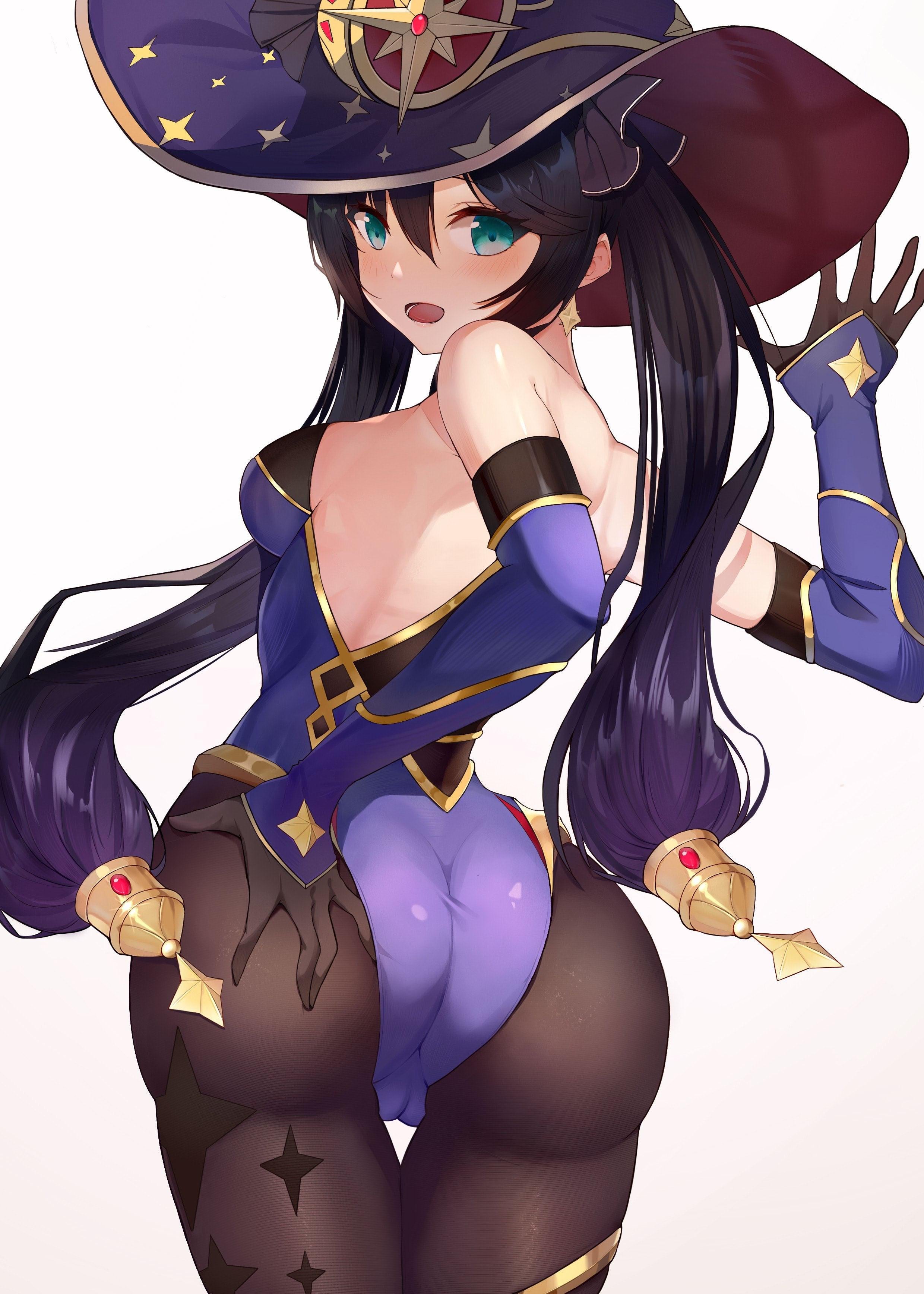 1girls, artist request, ass, big ass, blue eyes, bubble ass, bubble butt, female, genshin impact, hand on ass, leotard, looking at viewer, mona (genshin impact), twintails