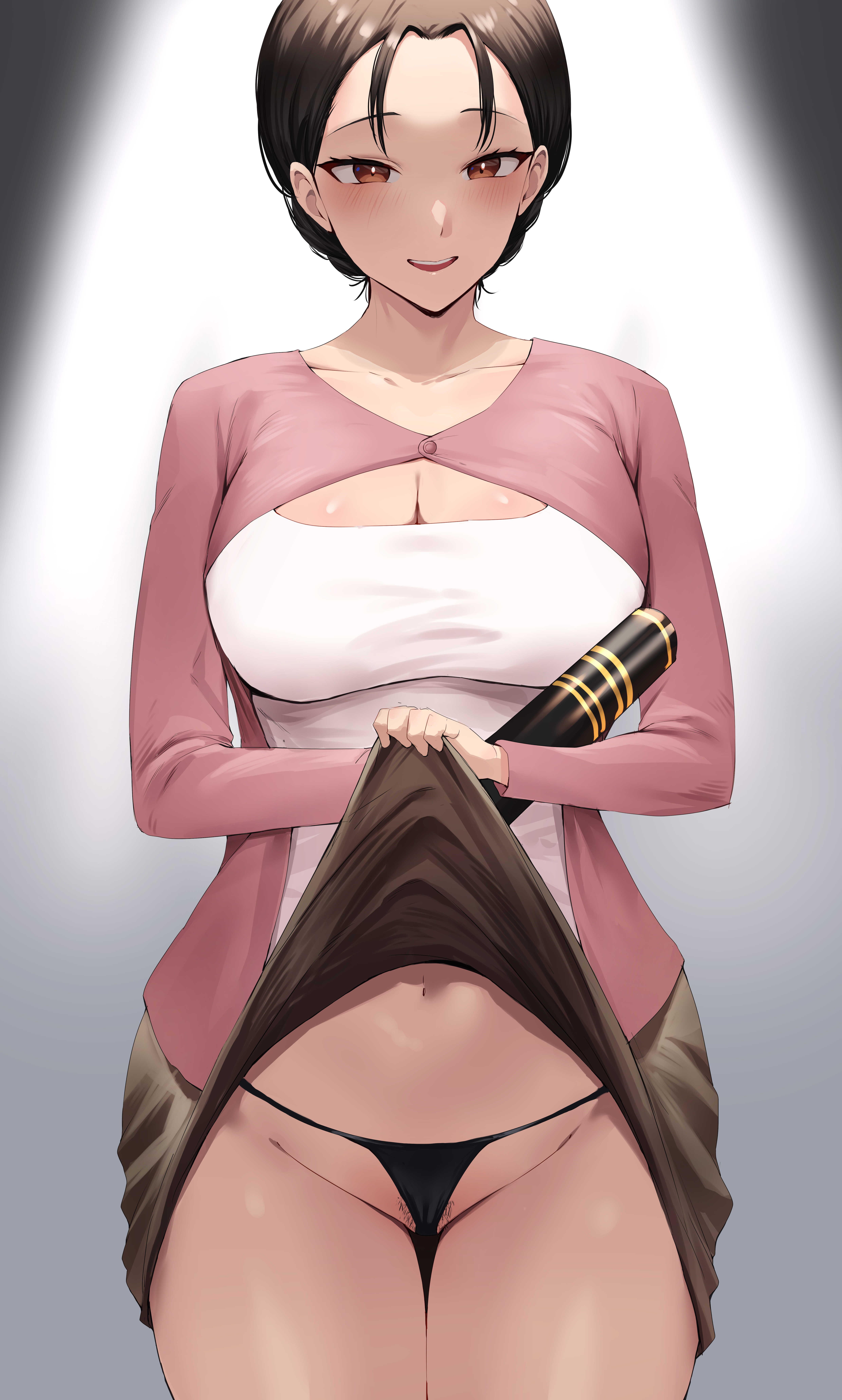1girls, 2021, absurdres, black hair, black panties, blush, breasts, brown eyes, brown skirt, cleavage, clothes lift, cowboy shot, female, female focus, female only, female pubic hair, highres, large breasts, legs together, lifted by self, looking at viewer, mature, mature female, milf, miniskirt, navel, open mouth, original, panties, pubic hair, pubic hair peek, rororo, shirt, short hair, skirt, skirt lift, smile, solo, solo female, standing, teeth, thighs, thong, underwear, upper teeth, white shirt