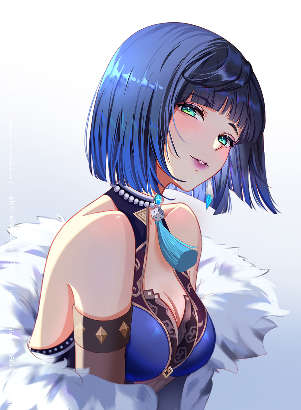 1girls, absurd res, bare shoulders, breasts, cleavage, coat, dark blue hair, dress, female, female focus, female only, genshin impact, gradient background, green eyes, jewelry, lipstick, looking at viewer, mole, necklace between breasts, portrait, seductive, seductive look, see-through clothing, short hair, smiling at viewer, solo, sweat, yelan (genshin impact)