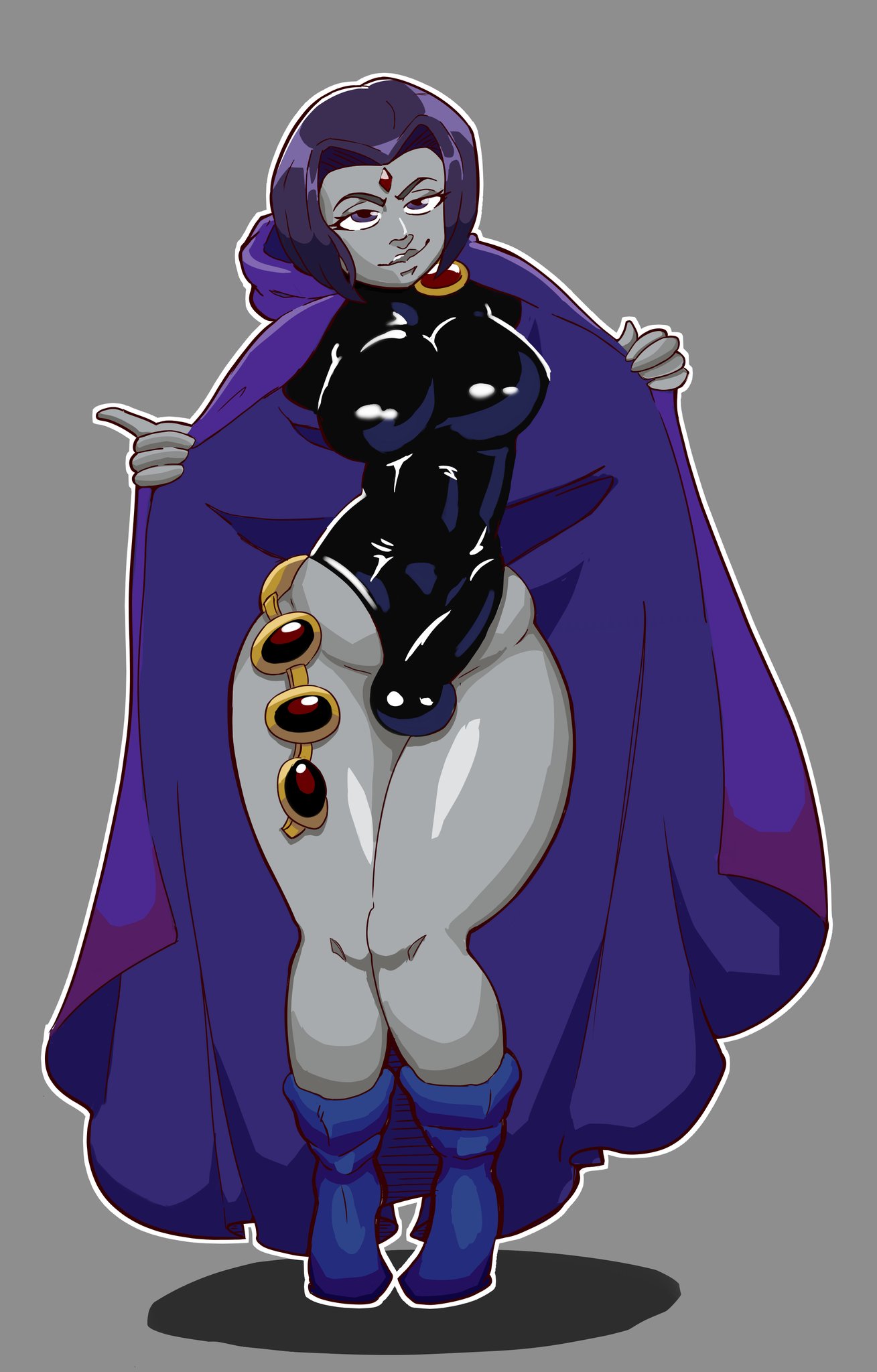 1futa, balls, big breasts, big penis, breasts, bulge, clothed, clothing, dc, dc comics, erection, erection under clothes, footwear, forehead jewel, futa only, futanari, human, humanoid, humanoid penis, intersex, knees together feet apart, latex, leotard, mostly clothed, outerwear, pale skin, penis, poppy-whomper, purple hair, rachel roth, raven (dc), solo, standing, teen titans, thick thighs, wide hips