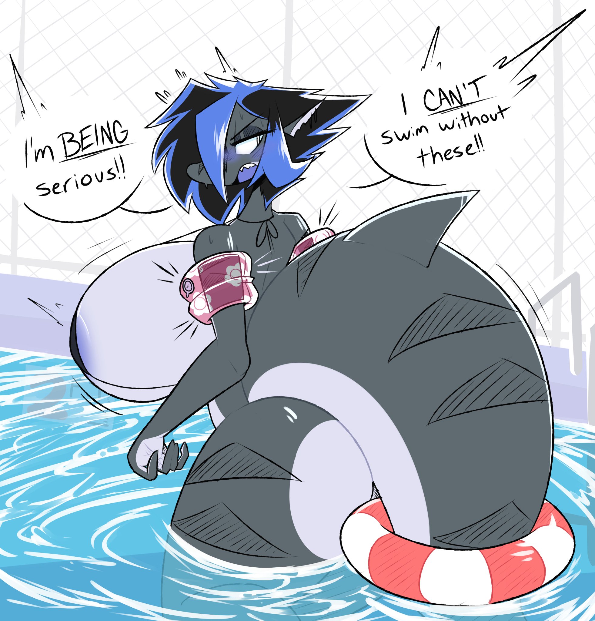 ass, big breasts, black hair, blue highlights, blue tongue, blush, breasts, char (nonarycubed), cute, female, fence, floatie, huge breasts, large ass, large breasts, life preserver, nonarycubed, pool, shark, shark girl, shark tail, tagme, text, text bubble, thick thighs, wholesome