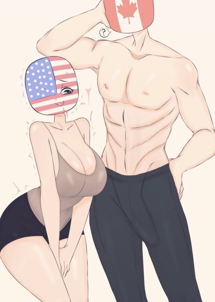 1boy, 1girls, big breasts, boner in pants, breasts, canada (countryhumans), countryhumans, countryhumans girl, duo, female, flawsy, long penis, male, no nudity, penis, tagme, united states of america (countryhumans)