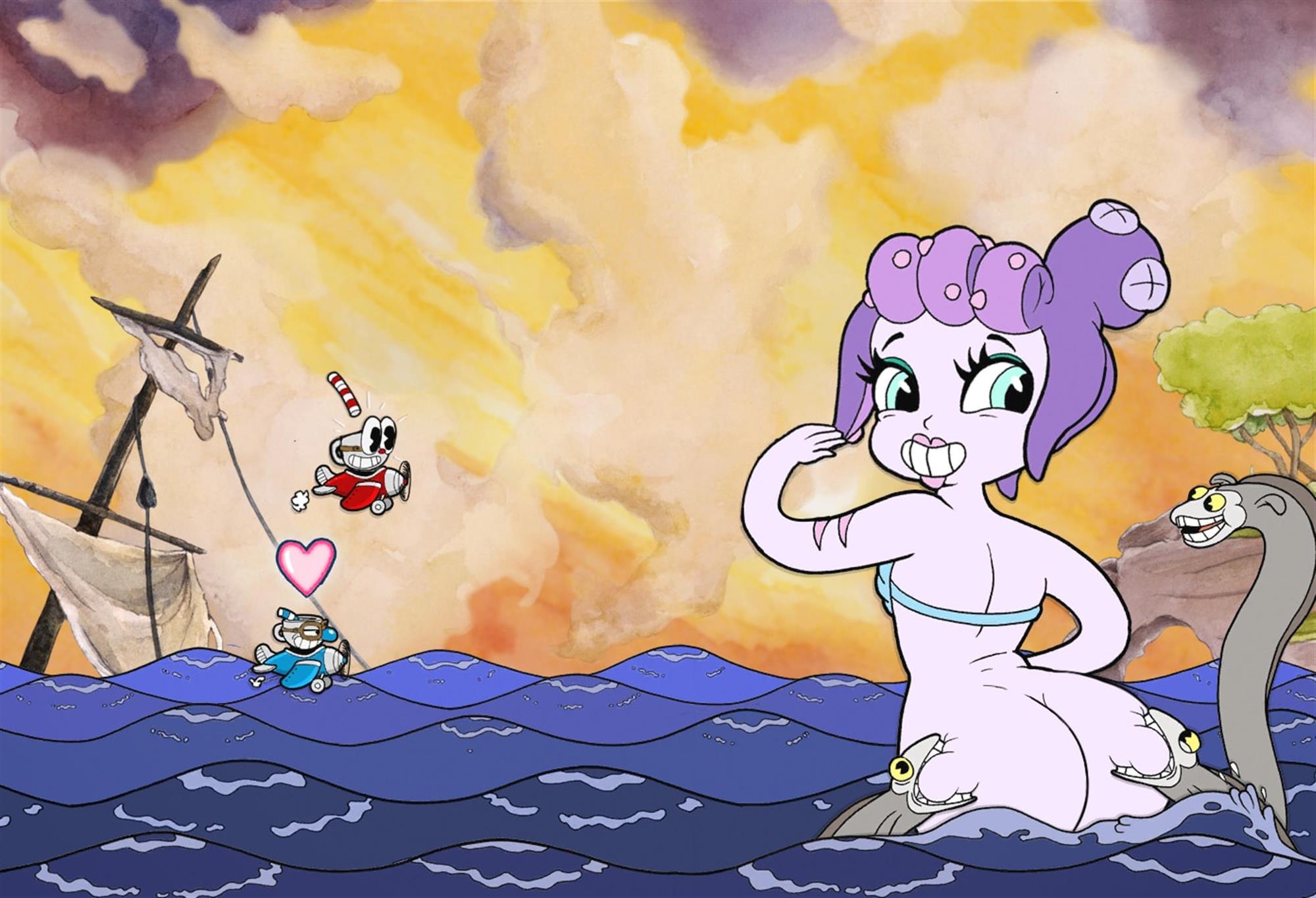 1girls, 2boys, ass, bean smile, big ass, cala maria, cuphead, cuphead (game), female, male, mugman, pac-man eyes, tagme