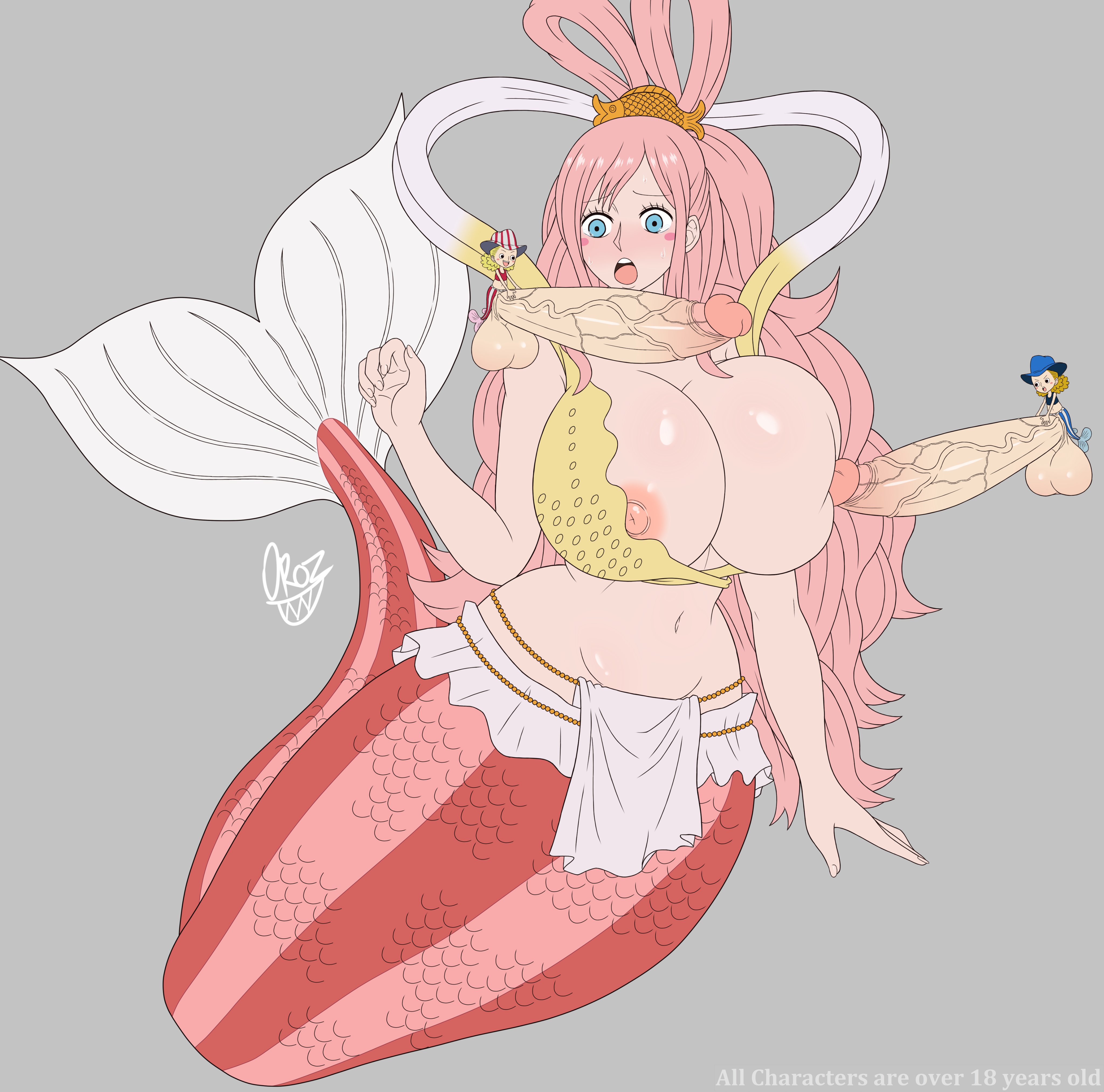 1girls, 2futas, absurd res, areola slip, areolae, balls, big breasts, black eyes, blonde hair, blue eyes, blush, blush stickers, breasts, erection, eyebrows, eyebrows visible through hair, eyelashes, female, female focus, fingers, futa mermaid, futanari, grey background, hat, highres, hips, huge breasts, humanoid, humanoid penis, hyper, hyper balls, hyper penis, intersex, larger female, light skin, light-skinned female, light-skinned futa, long hair, merfolk, mermaid, micro female, midriff, nipple slip, nipples, nude, one piece, open mouth, oroz-kun, penis, penis awe, pink areola, pink hair, pink nipples, shirahoshi, shounen jump, signature, simple background, size difference, small but hung, smaller futa, solo focus, testicles, thick thighs, trio, veiny penis, wide hips