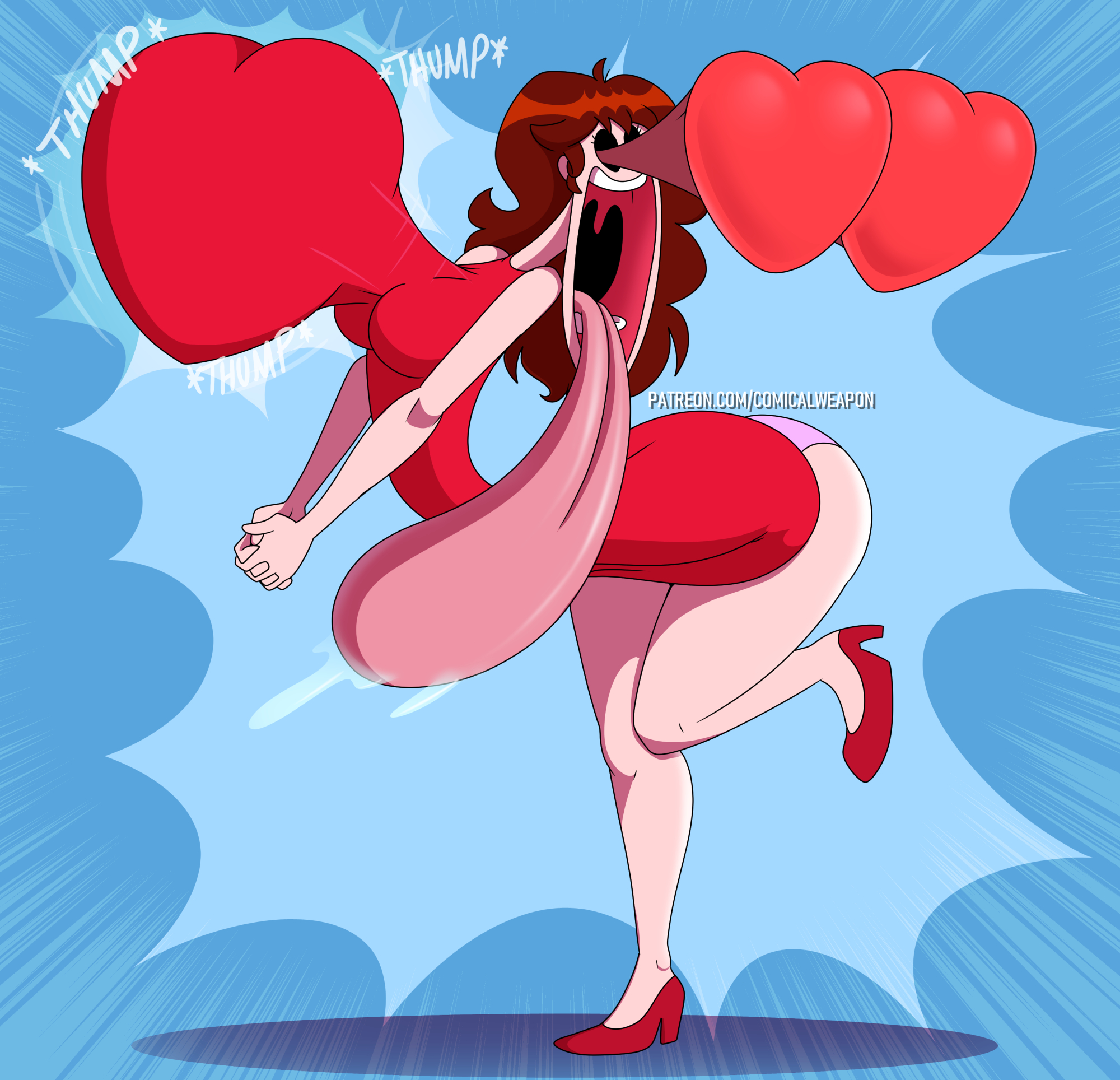 1girls, anatomically incorrect, awooga, big breasts, big legs, big tongue, breasts, cardiophilia, comedy, comical weapon, curvy figure, eyes bugging out, female, friday night funkin, funny, girlfriend (friday night funkin), happy, heart, heart eyes, heartbeat, heels, huge thighs, huge tongue, humor, in love, legs, light skin, lips, long hair, panties, pink panties, red dress, red hair, saliva, tagme, teeth, teeth showing, teeth visible, thighs, tongue, tongue out, toony, wild take