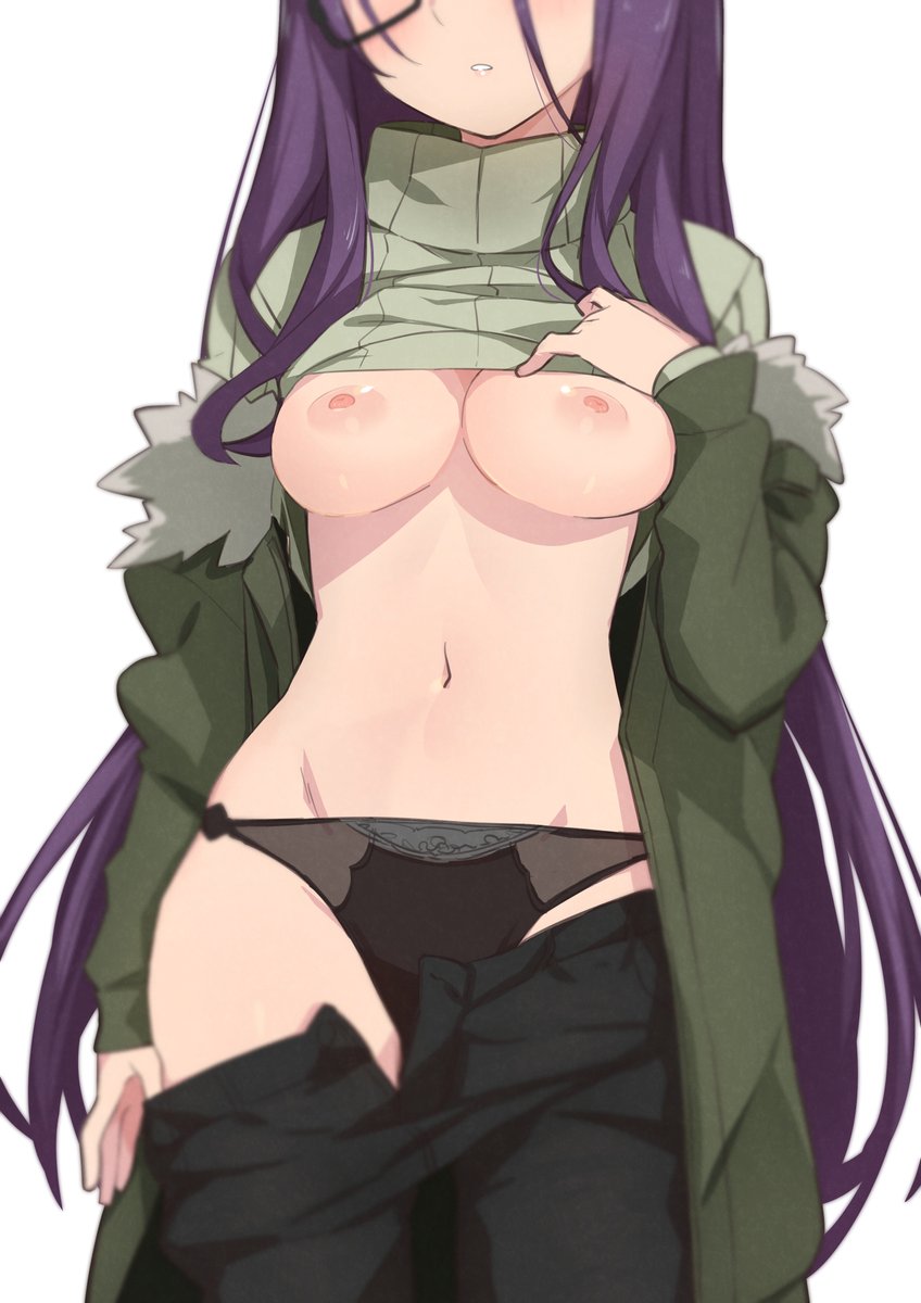 1girls 2022 areolae belly breasts breasts_out c-station clothing_lift female female_only green_sweater jacket kagamihara_sakura long_hair long_sleeves medium_breasts morisobo navel nipples panties pants_pull purple_hair solo standing sweater turtleneck turtleneck_sweater upper_body white_background yurucamp