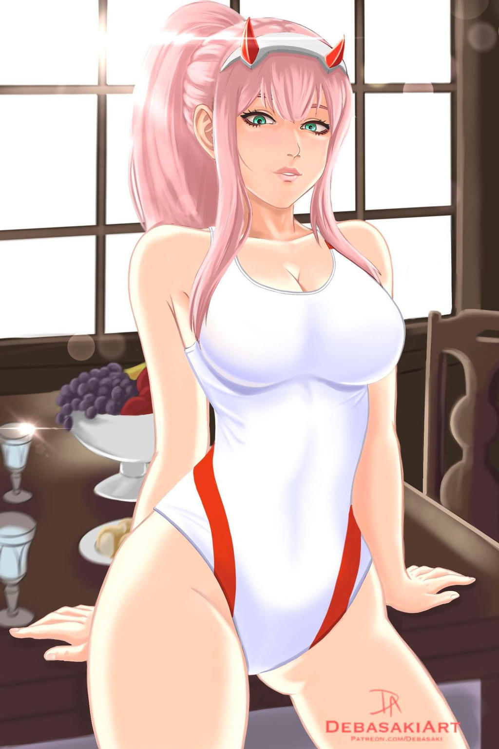 1girls, arm support, big breasts, breasts, busty, cleavage, covered navel, darling in the franxx, female, green eyes, large breasts, lipstick, looking at viewer, makeup, one-piece swimsuit, parted lips, pink hair, pink lipstick, ponytail, sensual, smile, solo, table, thighs, zero two (darling in the franxx)