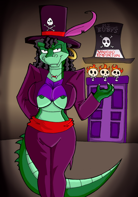 anthro black_hair cosplay crocodile dr._facilier erect_nipples fangs furry green_scales large_breasts mz._ruby necklace popesslodovica scalie skull sly_cooper_(series) smooth_skin tail the_princess_and_the_frog topless underboob