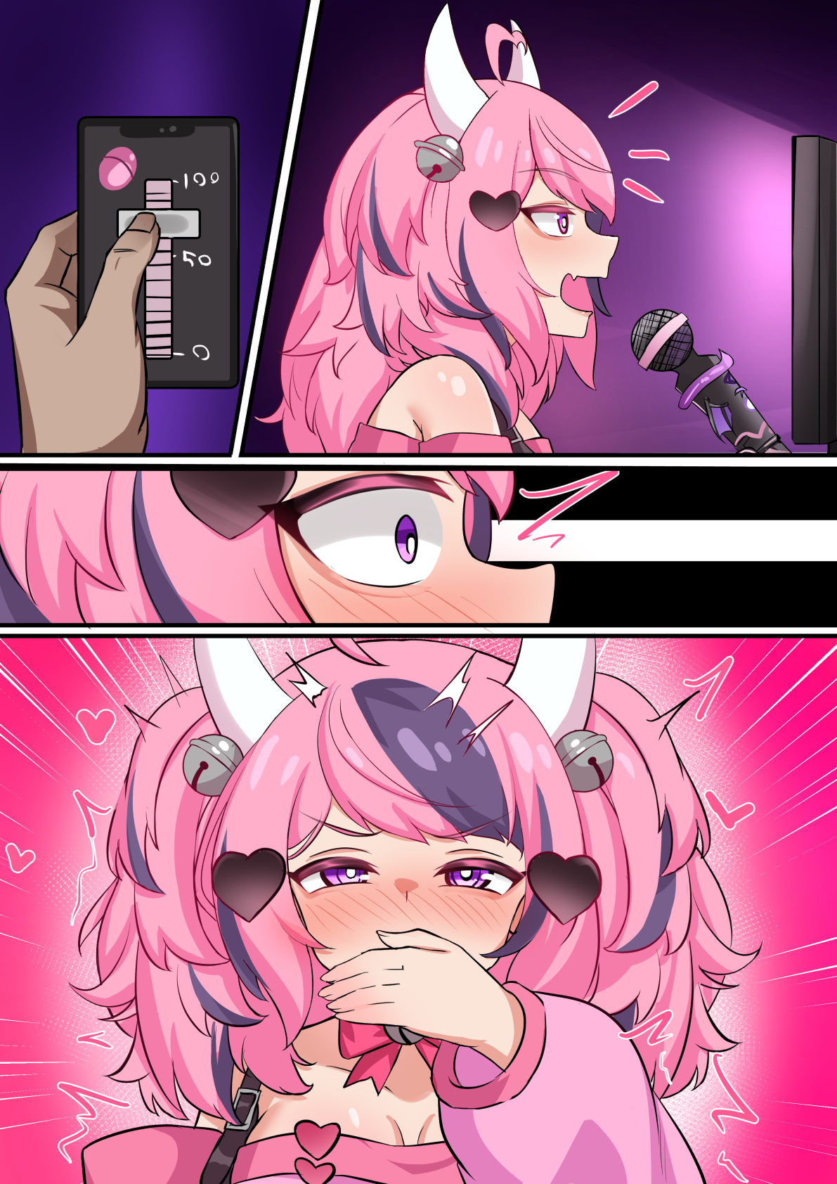 blush, clothed, clothed female, controller, demon, demon girl, demon horns, diuda, female, hand over mouth, horns, ironmouse, ironmouse (season 2), light skin, light-skinned female, microphone, pink hair, purple hair, screen, source request, streaming, twitching, vibrator controller, virtual youtuber, vshojo