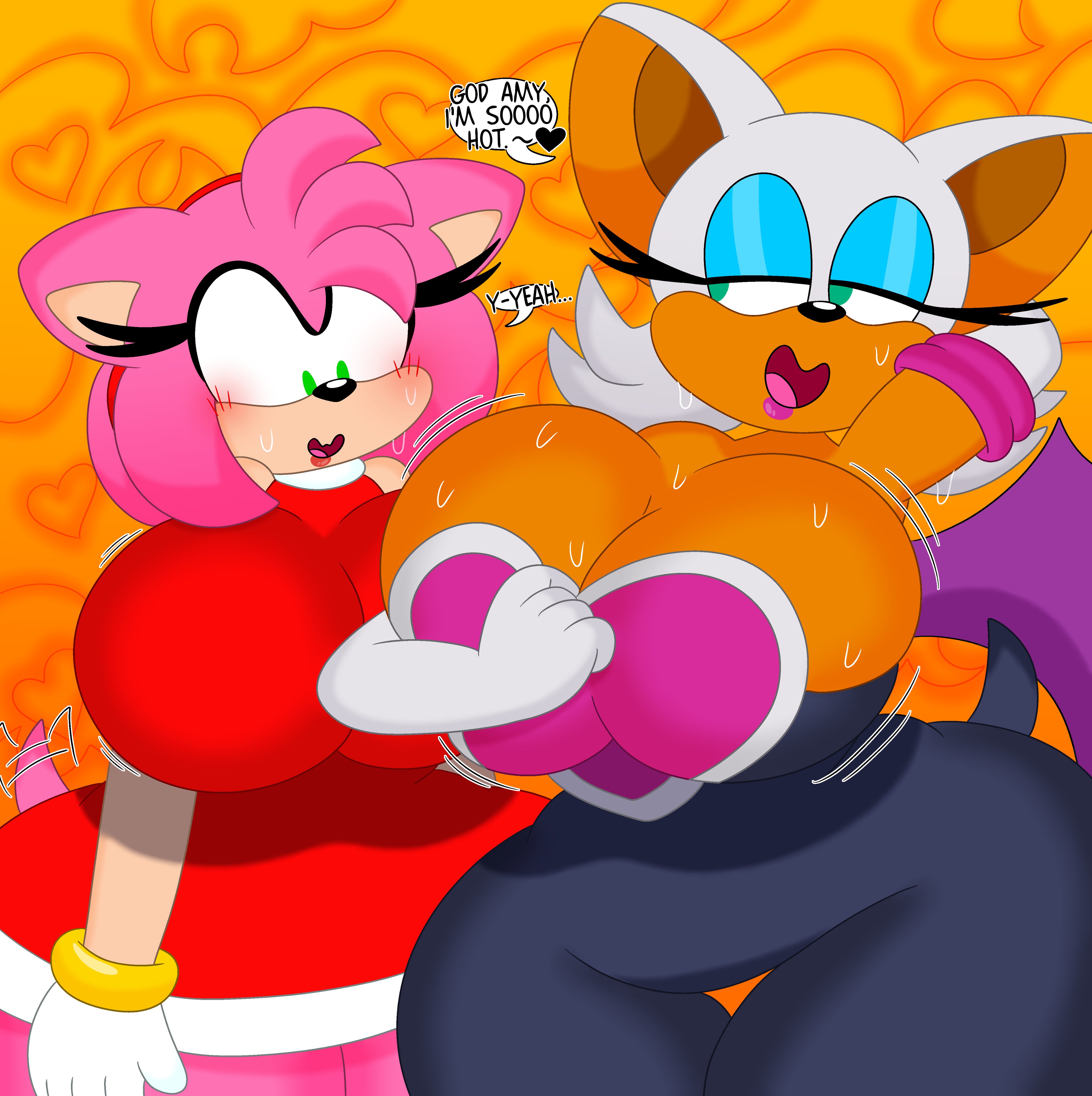2girls, 3barts, amy rose, anthro, arm up, bat, big breasts, bodysuit, breasts, chiropteran, cleavage, dialogue, dress, english text, female, female only, green eyes, hand behind head, hedgehog, huge breasts, looking at breasts, looking down, pink hair, pink skin, rouge the bat, sega, showing off, smile, sonic (series), sonic the hedgehog (series), sweat, tease, teasing, text, thick thighs, wide hips