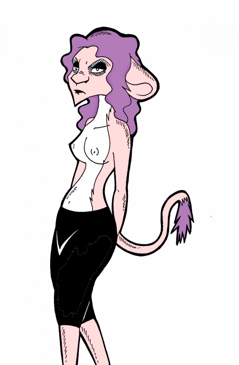 anthro anthrofied eye_bags female female_only frown furrification furry genderswap_(mtf) lion medium_breasts one_piece popesslodovica purple_hair rule_63 shorts solo spandam tail topless