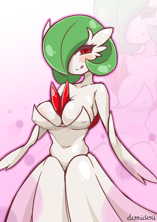 blush chest_spike domidori dress gardevoir green_hair large_breasts licking_lips looking_at_viewer mega_gardevoir nintendo pokemon pokemon_(species) red_eyes seductive_smile smile white_skin