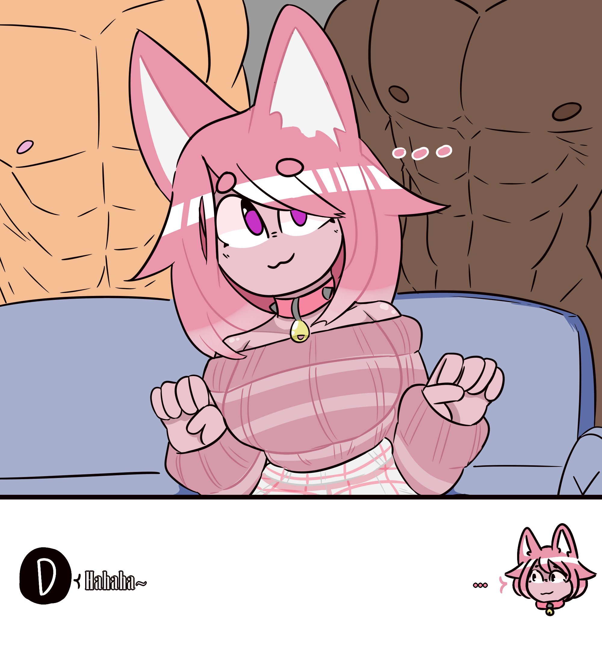 :3, ..., 1girls, 2021, 2boys, abs, big breasts, breasts, cat ears, cat girl, catgirl, clothed, clothed female, clothing, collar, couch, dark skin, dark-skinned male, dialogue, english text, female, female focus, imminent sex, kemonomimi, light skin, light-skinned male, long sleeves, looking at viewer, luna (ishundead), male, male nipples, medium hair, muscular, muscular male, nekomimi, nipples, no visible genitalia, nude, nude male, off shoulder, original character, penismaster48, pink clothing, pink hair, pink skin, pink sleeves, pink sweater, purple eyes, roblox, roblox avatar, robloxian, sitting, six pack, skirt, sleeves, striped sweater, stripes, sweater, text, white skirt
