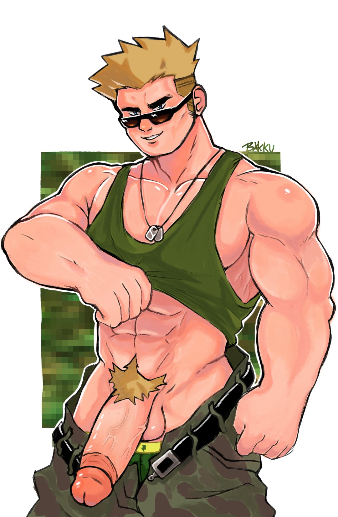 1boy bakkunsfw balls bara blonde_hair circumcised circumcision_scar clothed dog_tags flaccid gay green_tank_top looking_over_eyewear looking_over_glasses looking_over_sunglasses lt_surge male male_only muscles muscular nintendo npc_trainer pants_down penis penis_out pokemon presenting presenting_penis solo solo_male sunglasses tank_top tinted_eyewear underwear_down