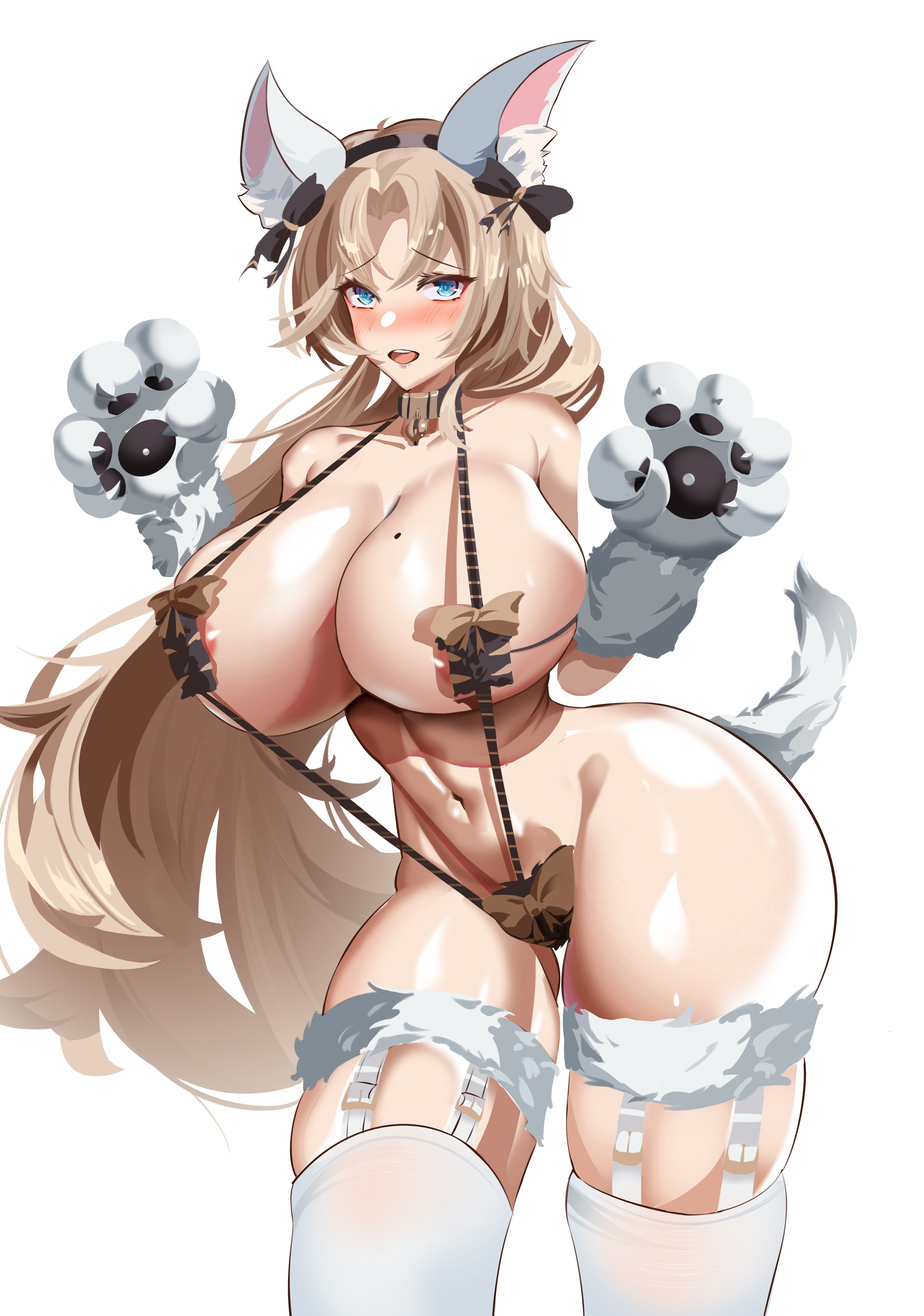 1girls, 2022, animal ear fluff, animal ears, azur lane, belly, big breasts, blue eyes, blush, breasts, cleavage, embarrassed, eyebrows visible through hair, female, female focus, female only, kronshtadt (azur lane), legwear, long hair, looking at viewer, mole, mole on breast, navel, open mouth, paw gloves, paws, simple background, solo, solo female, thick thighs, thighs, white background